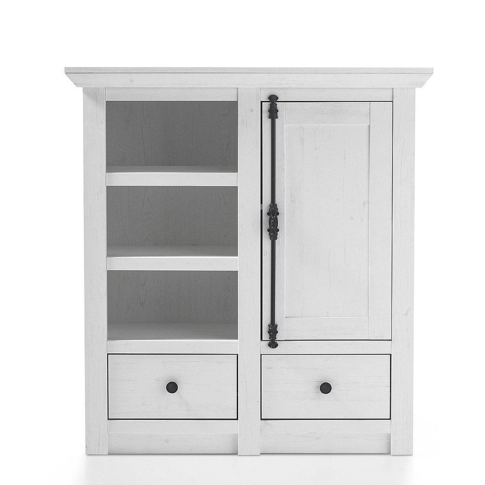 Lomadox Kommode WINGST-61, Pinie weiß Nb. mit formschönen Antik-Riegeln 105x115x45cm