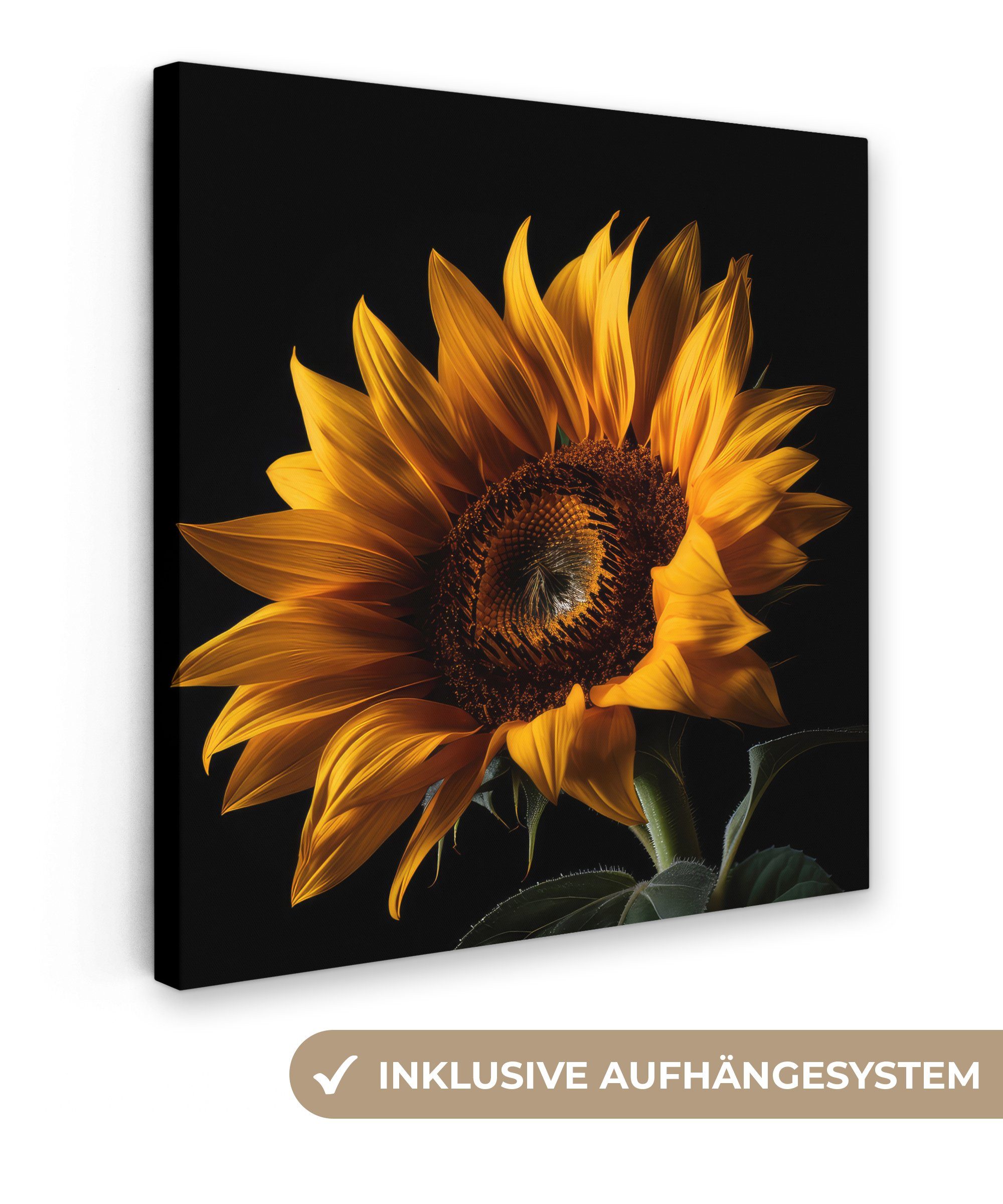 OneMillionCanvasses® Leinwandbild Blumen - Botanisch - Schwarz - Sonnenblume, (1 St), Leinwand Bilder für Wohnzimmer Schlafzimmer, 20x20 cm