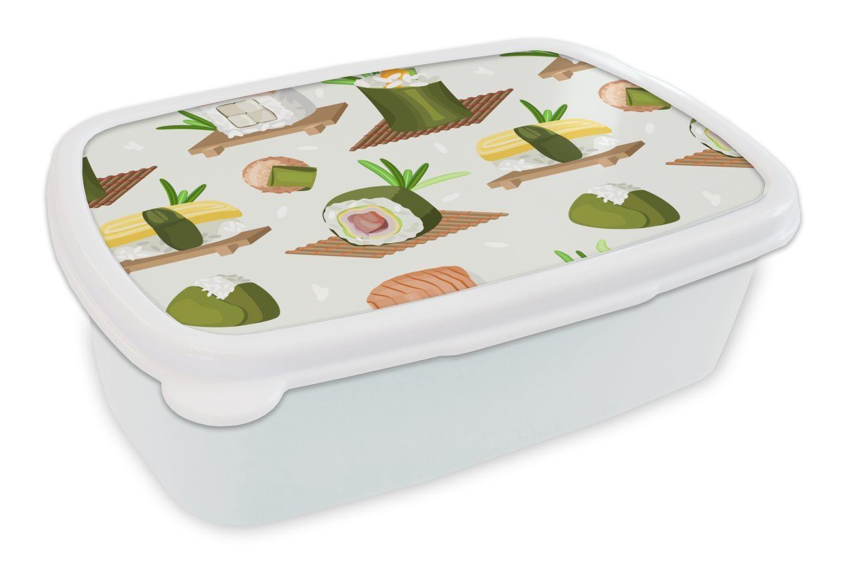 MuchoWow Lunchbox Sushi - Muster - Lebensmittel, Kunststoff, (2-tlg), Brotbox für Kinder und Erwachsene, Brotdose, für Jungs und Mädchen weiß