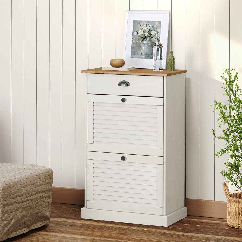 furnicato Schuhschrank Weiß 60 x 35 x 96 cm aus massivem Kiefernholz (1-St) Schuhkipper in Jalousie-Optik mit Wachs-Finish und Metallgriffen