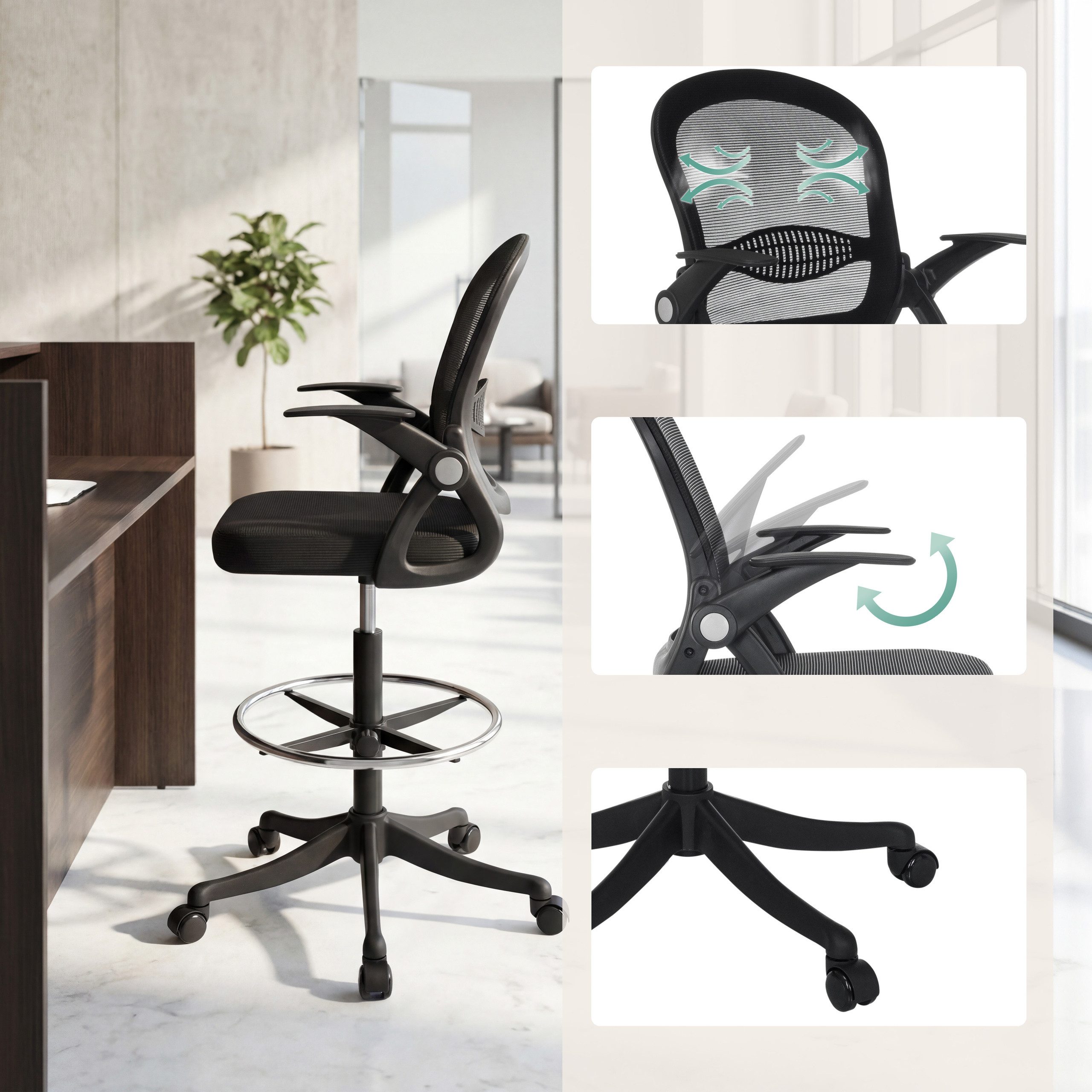 hjh OFFICE Drehstuhl Counterstuhl Naluro Work Stoff / Netzstoff (1 St), Arbeitsstuhl hoch, Bürostuhl mit Fußablage