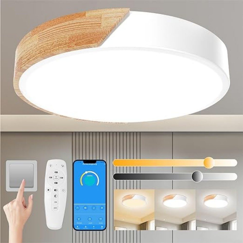 POPOLIC LED Deckenleuchte 24-W-moderne Leuchte, Deckenleuchte Holz, dimmbar günstig online kaufen