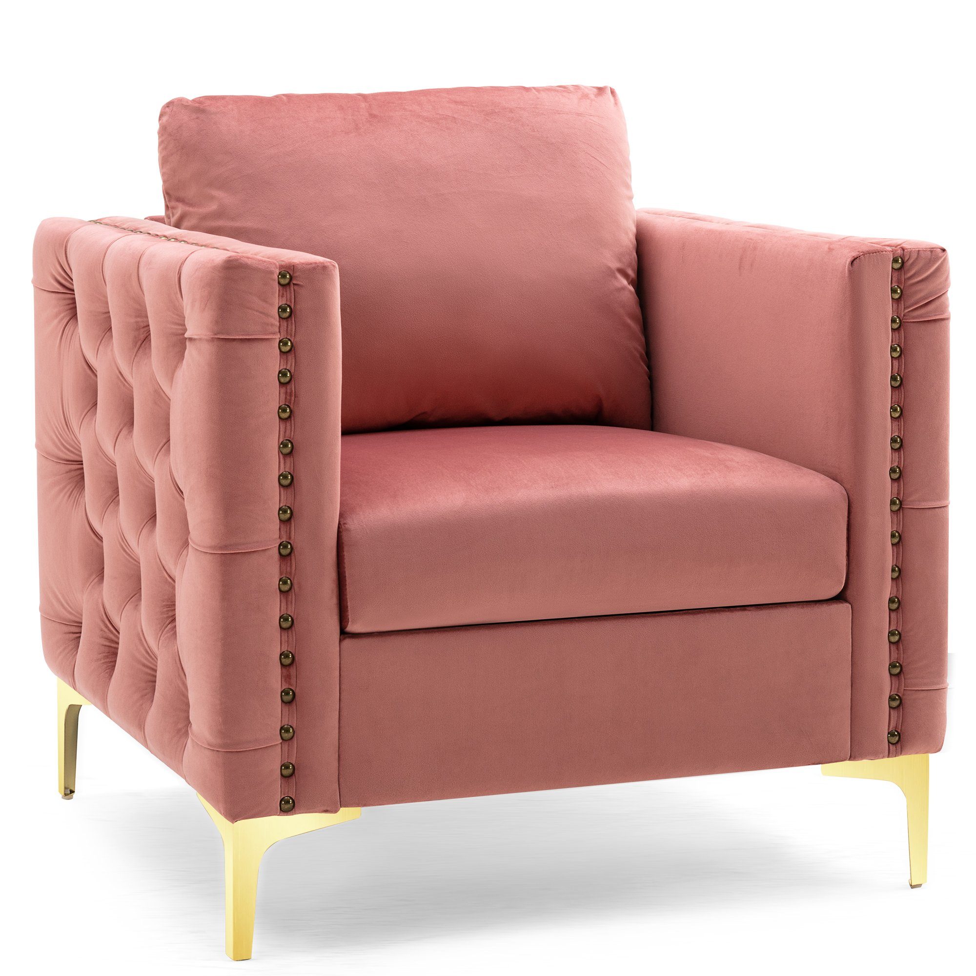 Sessel, Fernsehsessel mit edler Knopfheftung und gepolstertem Sitzkissen, goldenen Beinen, Relaxsessel mit Kissen