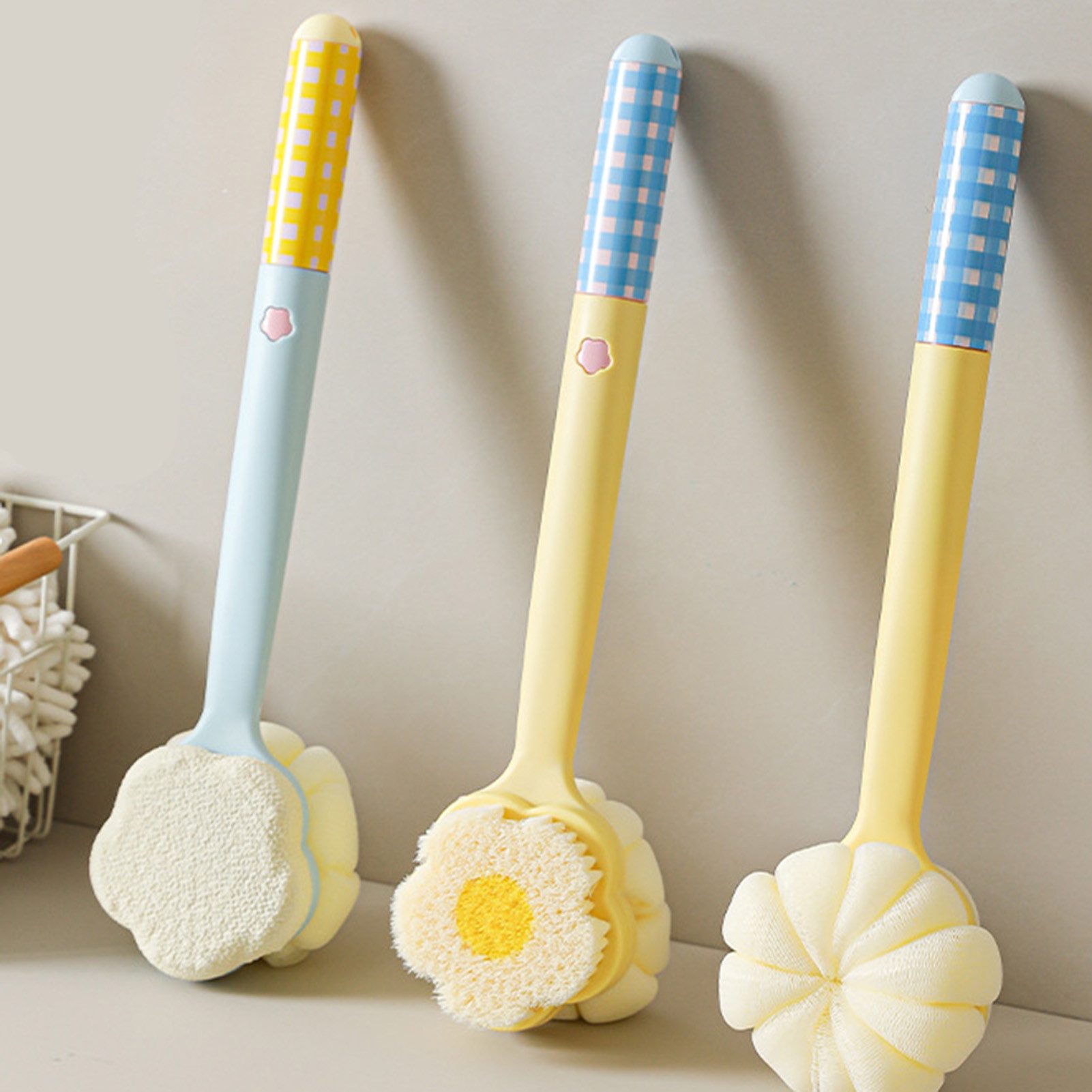 Jumpeak Badebürste Langstielige Badebürste, doppelseitig, Rückenreinigungsgerät, Dopamin, 2-in-1, Weiche Bürste,hautfreundlich, Mitgeliefert Fußfeile, Blau,Gelb