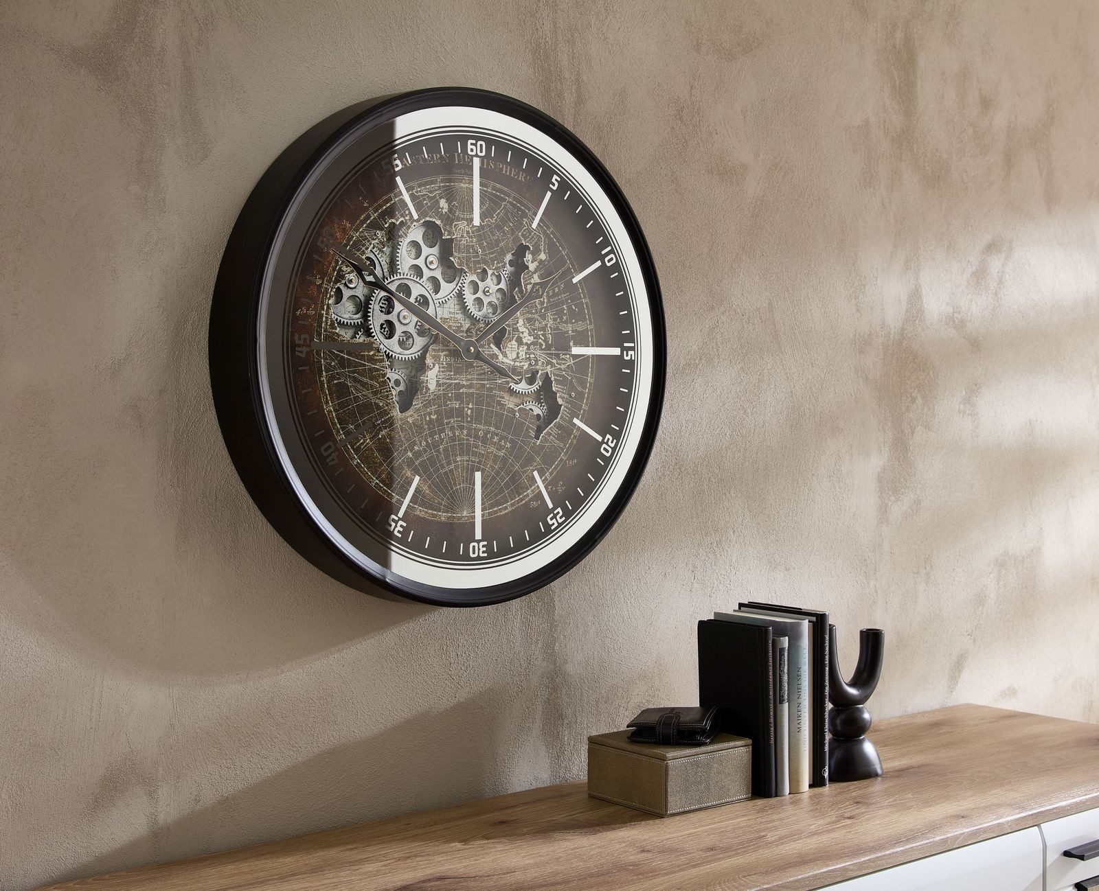 formano Wanduhr Welt mit sichtbar beweglichen Zahnrädern XXL 60 cm Metallgehäuse (Sichtbar bewegliche Zahnräder)