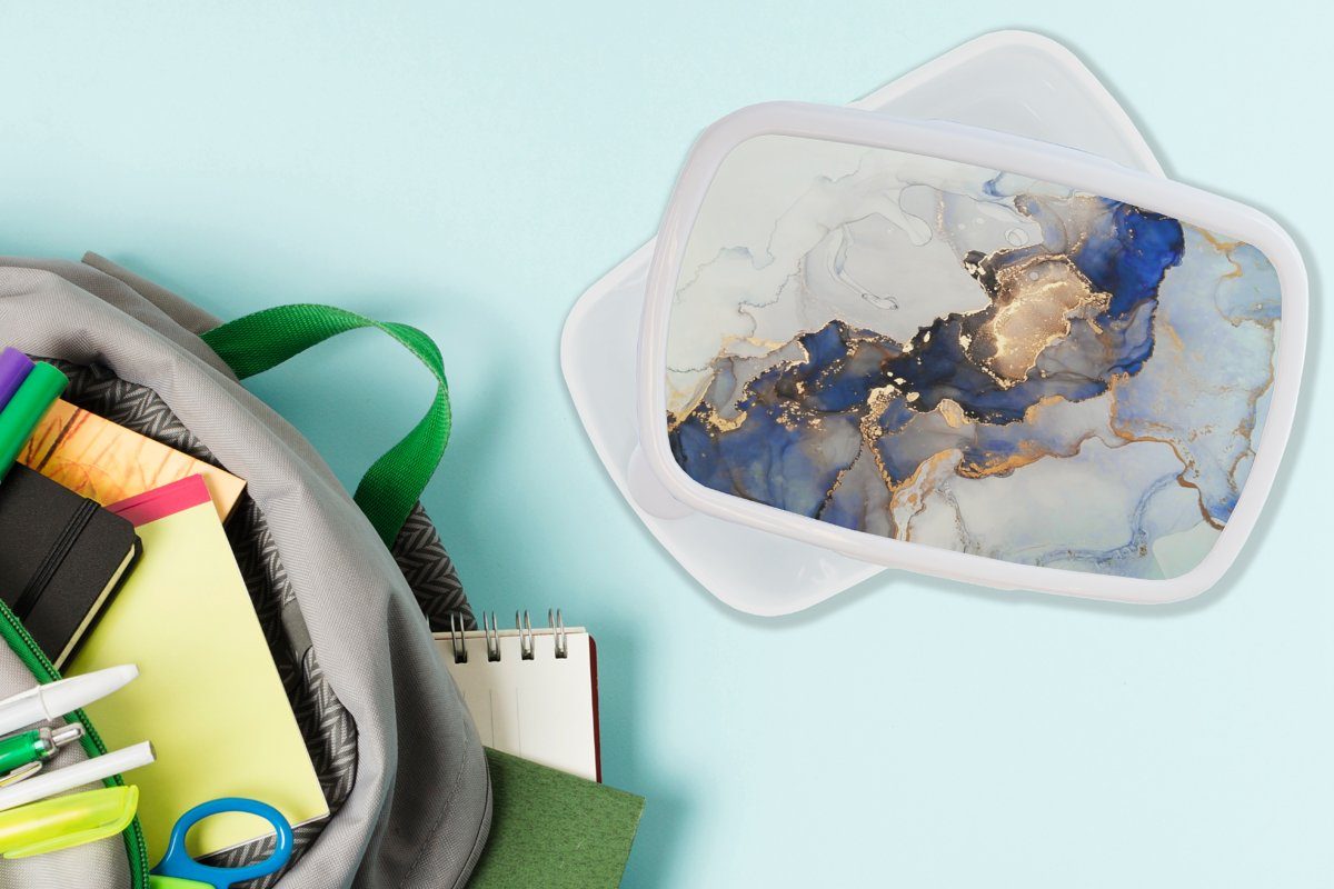 Marmor (2-tlg), Lunchbox MuchoWow Brotdose, - für - Blau Mädchen für weiß Gold, Brotbox Erwachsene, und Kinder und Kunststoff, Jungs