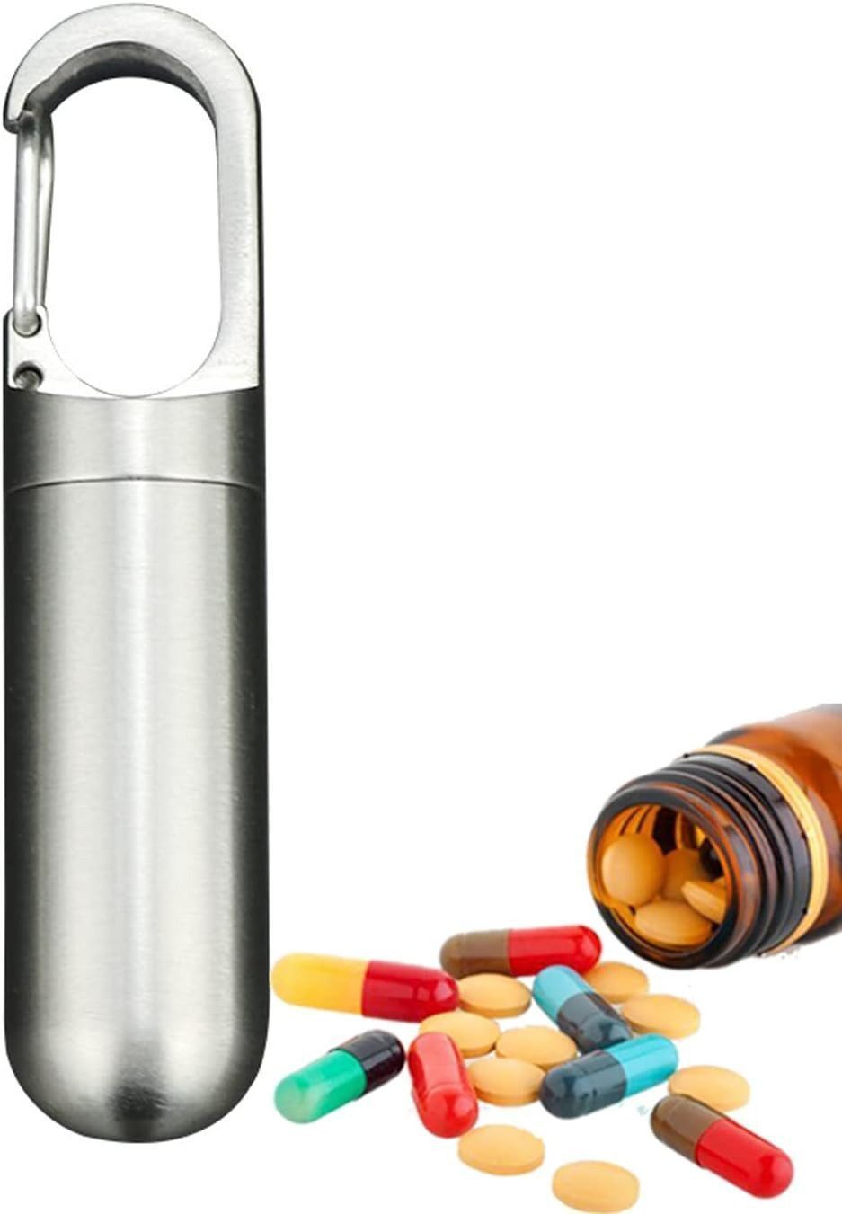 Luckice Pillendose Reise-Medikamentendose Pillendöschen Lebensmittelecht (Pill Box Schlüsselanhänger, aus hochwertigem Edelstahl Pillendose Schlüsselanhänger Titan, Wasserdicht Reise Klein Pillenbox, Metall Pillenbehälter Lichtgeschützt, Tablettenbox für Unterwegs, Outdoor EDC Kapsel aufbewahrungsbox), Aufbewahrungsbox mit Karabinerhaken