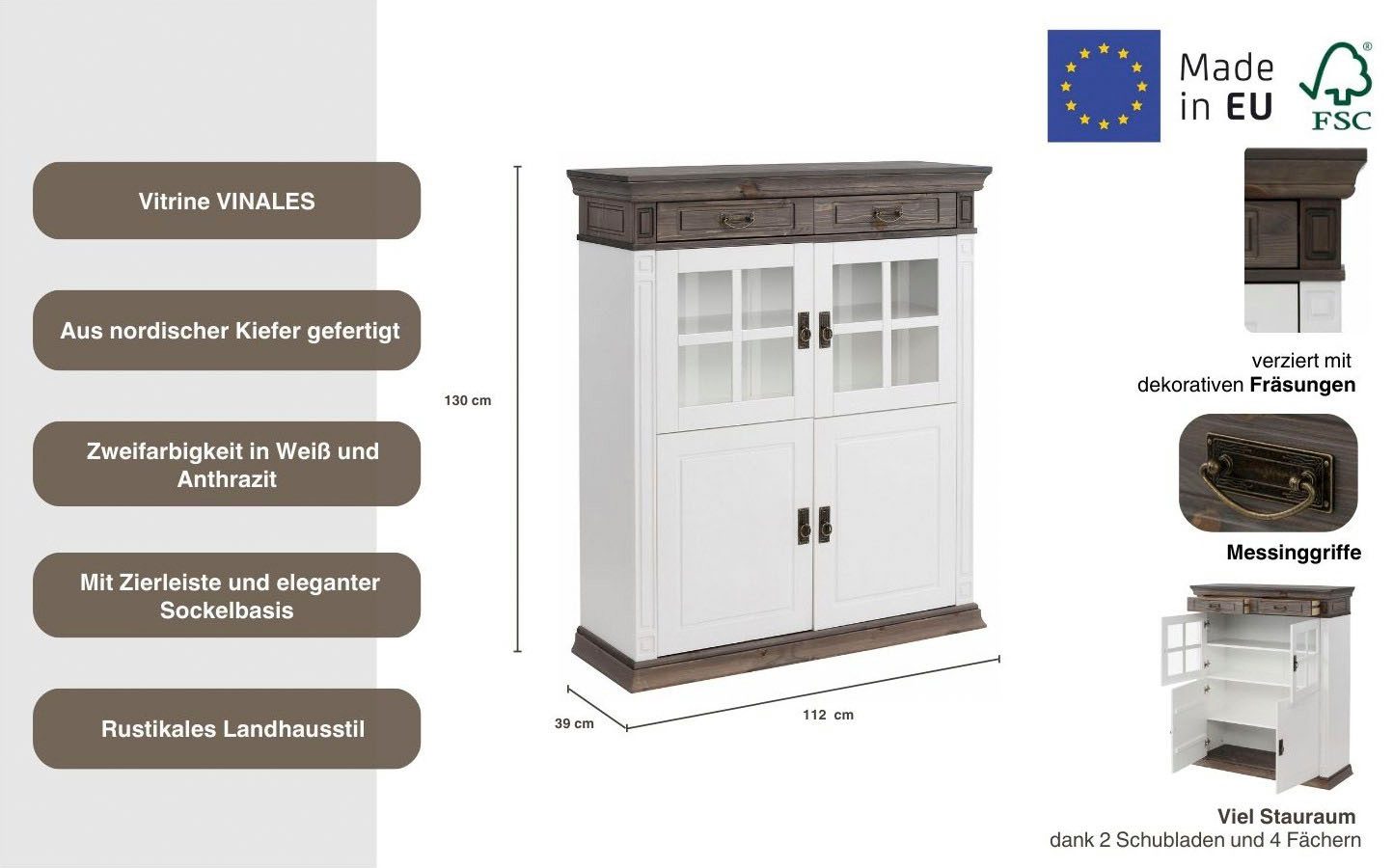 OTTO home Highboard Vinales (B/T/H:109/39/130 cm), Vitrine, Breite 112 cm
