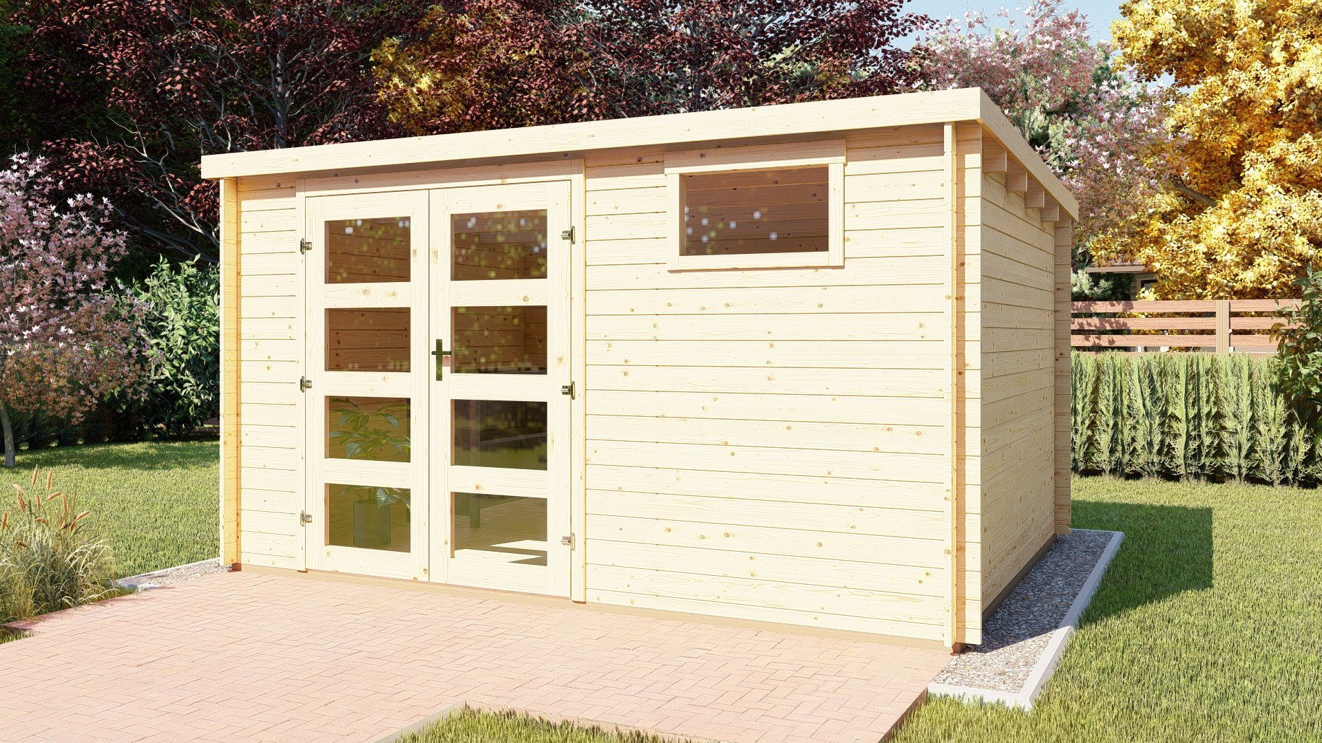 Finn Art Blockhaus Gartenhaus Flachdach 4x3m Holz Funny 8 in 28mm Wandstärke, BxT: 390x298 cm, ohne Fußboden, ohne Dacheindeckung