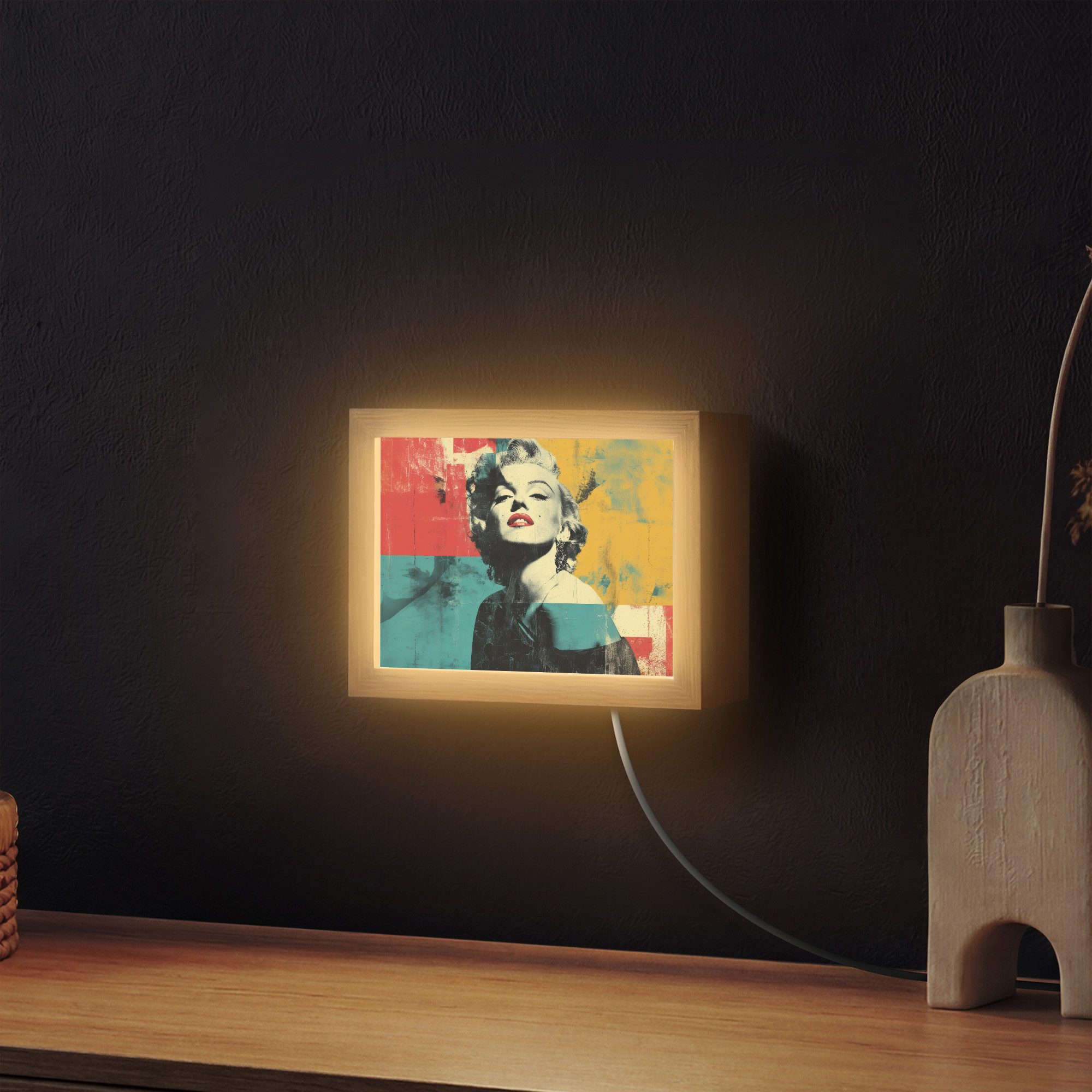 OnlyWow Wandleuchte Lightbox Frau - Rote Lippen - Abstrakte Farbfelder - Pop-Art-Stil, Dimmbar, Farbwechsel, LED, Warmweiß, Kaltweiß, Neutralweiß Einstellbar, Wandlampe Innen, Dimmbar, mit Kabel, LED, Modern, Flur