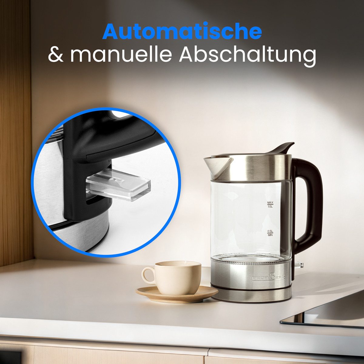 ProfiCook Wasserkocher PC-WKS 1229 G, Wasserkocher Edelstahl, 1L, blau beleuchtetg