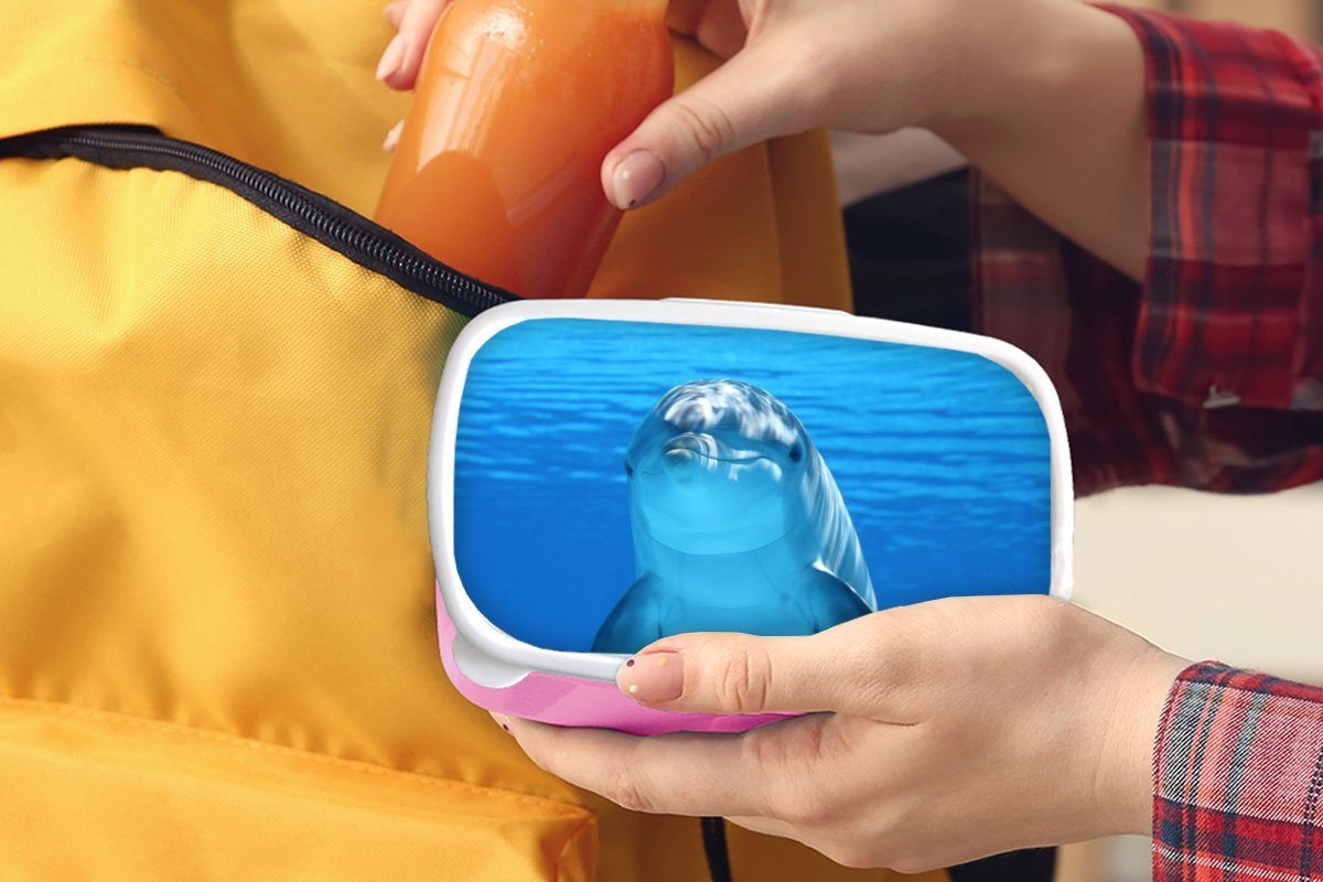 MuchoWow Lunchbox Blau, - Erwachsene, Kunststoff Brotdose Wasser für Snackbox, (2-tlg), Mädchen, - Kinder, Delfin rosa Kunststoff, Brotbox