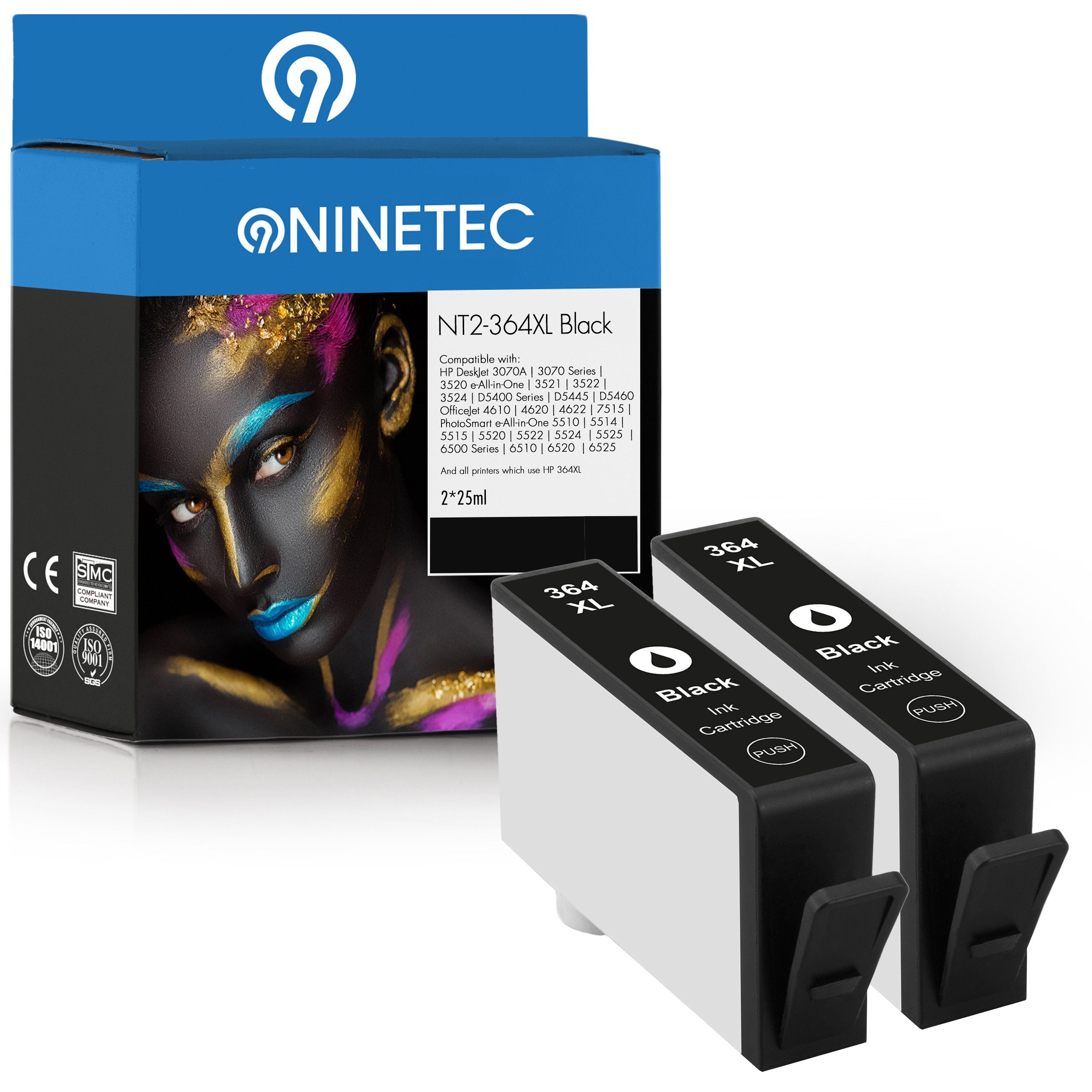 NINETEC 2er Set ersetzt HP XL Tintenpatrone Black (CB321EE) 364XL 364