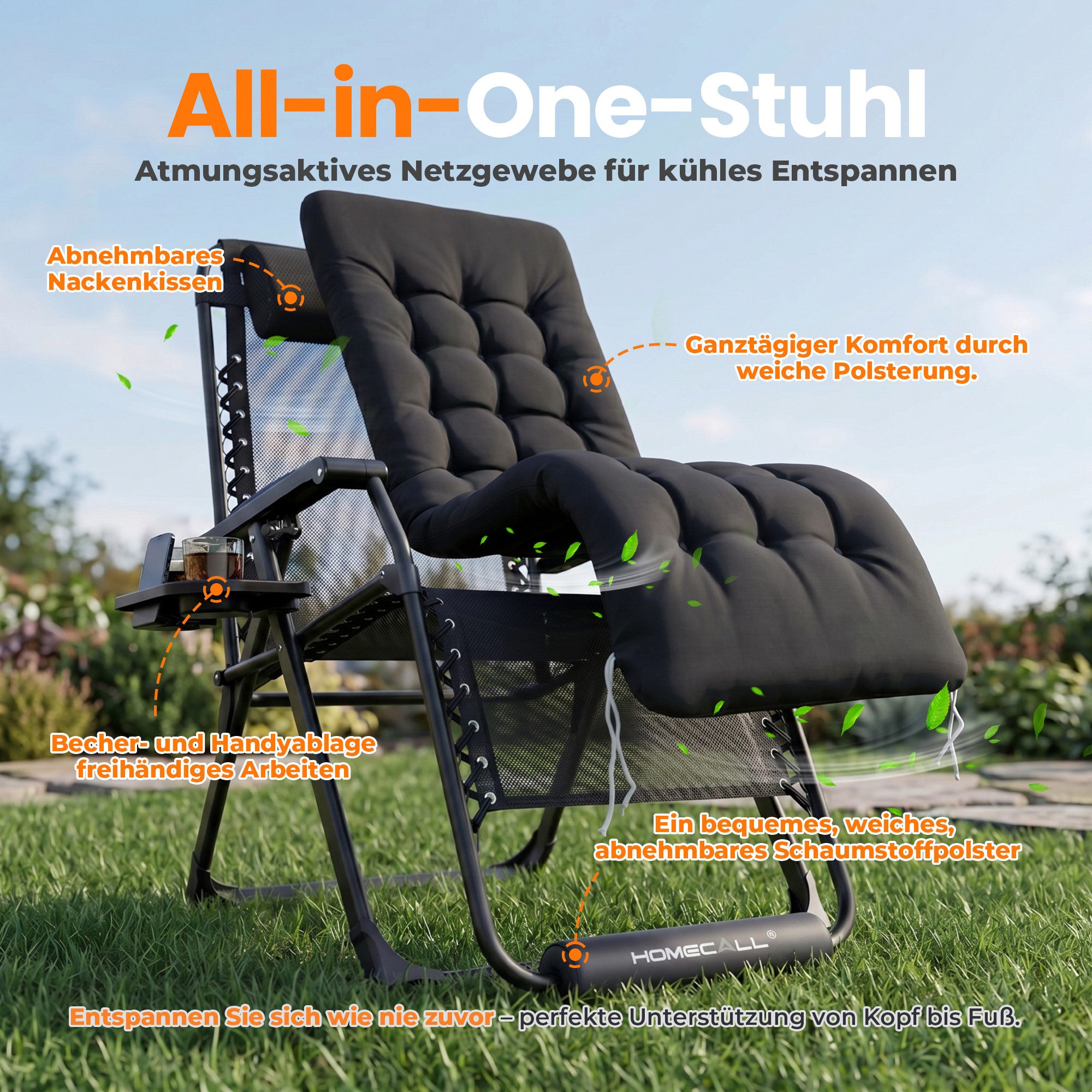 HOMECALL Gartenliege Sonnenliege Klappbar, Liegestuhl mit Weiches Kissen,groß Campingstuhl, XXL Extra breiter Zero Gravity Stuhl, 1 St., bis 180 KG, für Garten Terrasse Balkon