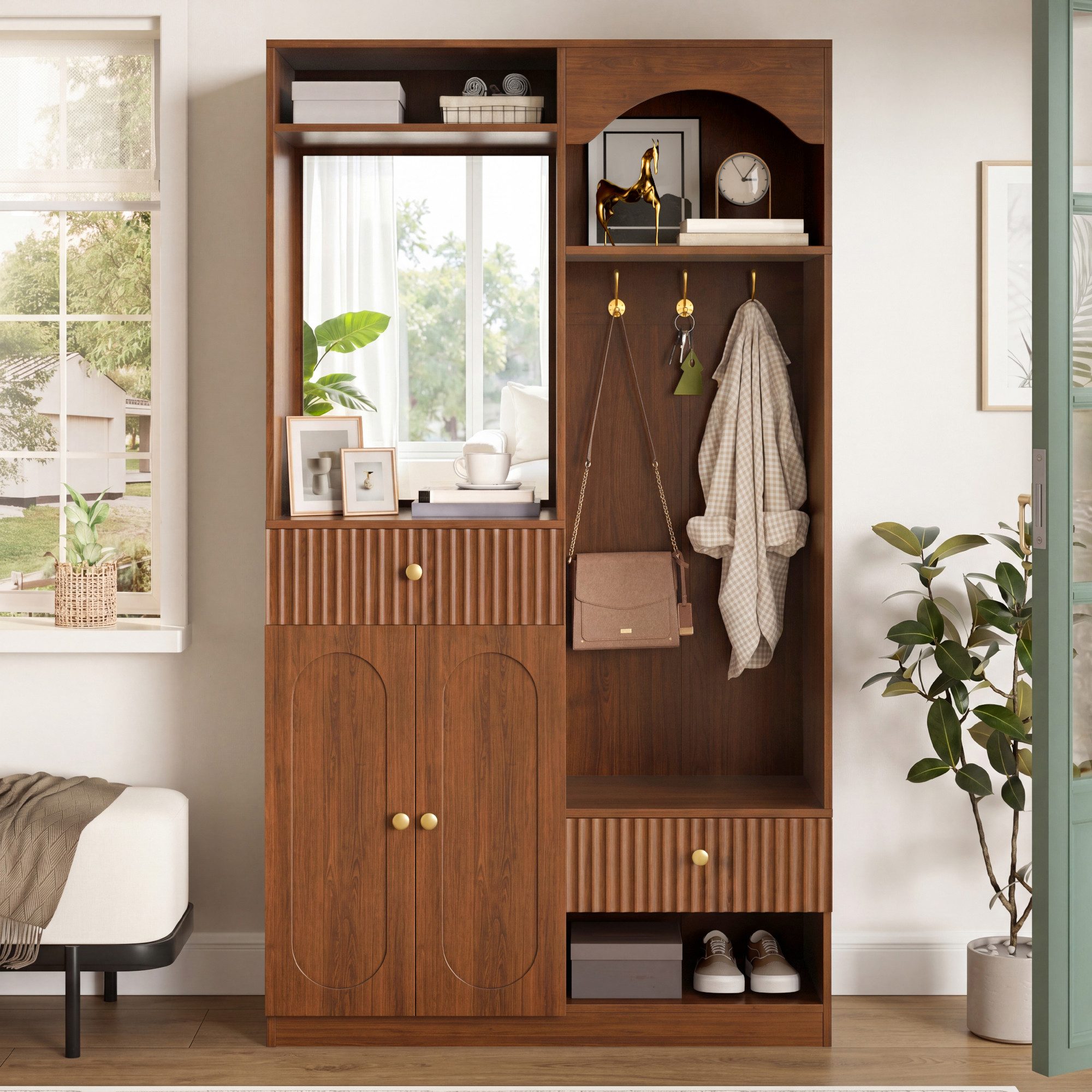 Celya Garderoben-Set Flurgarderobe mit Spiegel und Sitzbank, (mit Schuhschrank, Haken und LED-Streifen mit einstellbarer Farbe), Ideal für Eingangsbereich und Flur