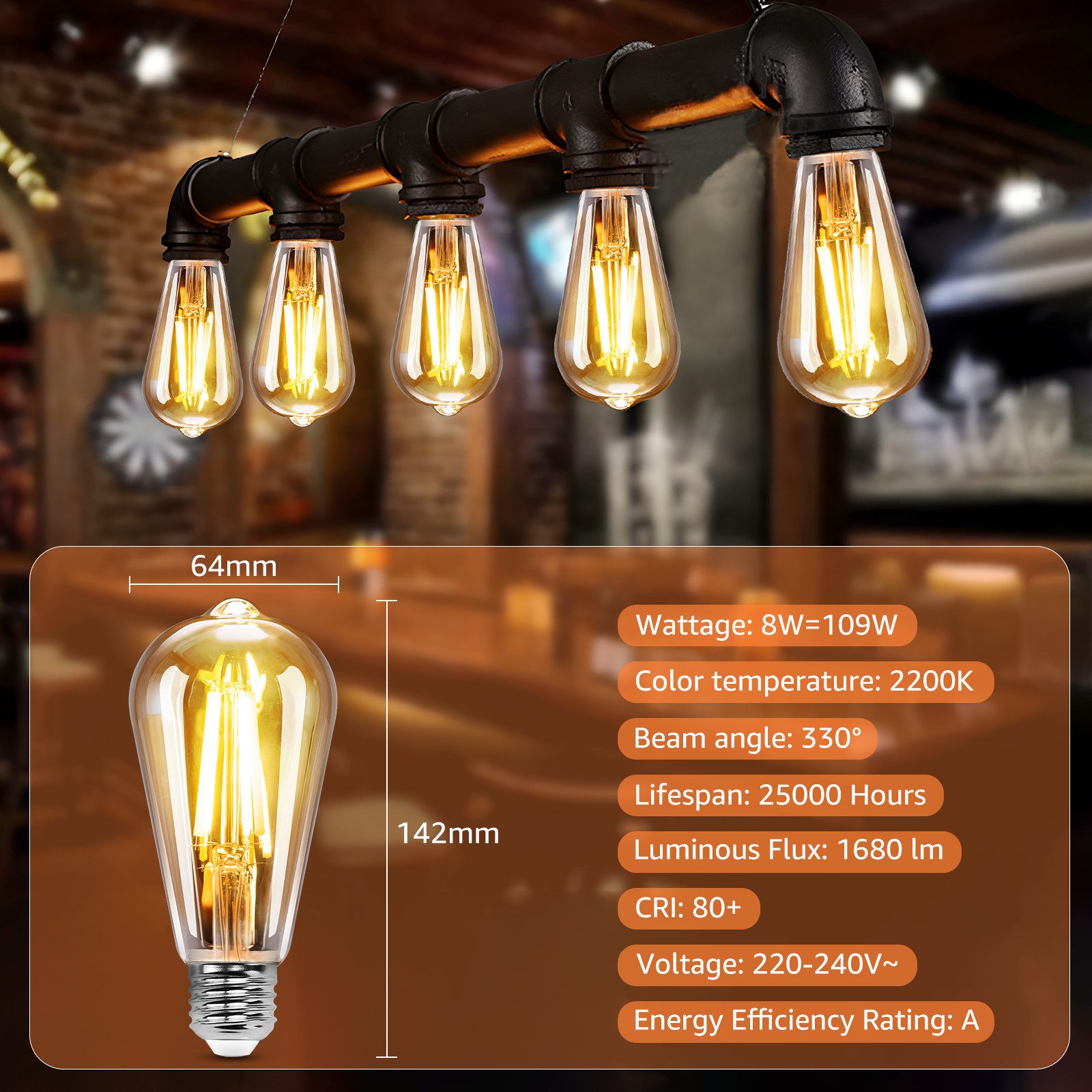 Great Jacob LED-Filament ST64 Edison Vintage Lampen E27 8W=109W, warmes licht 2200K, 1680LM