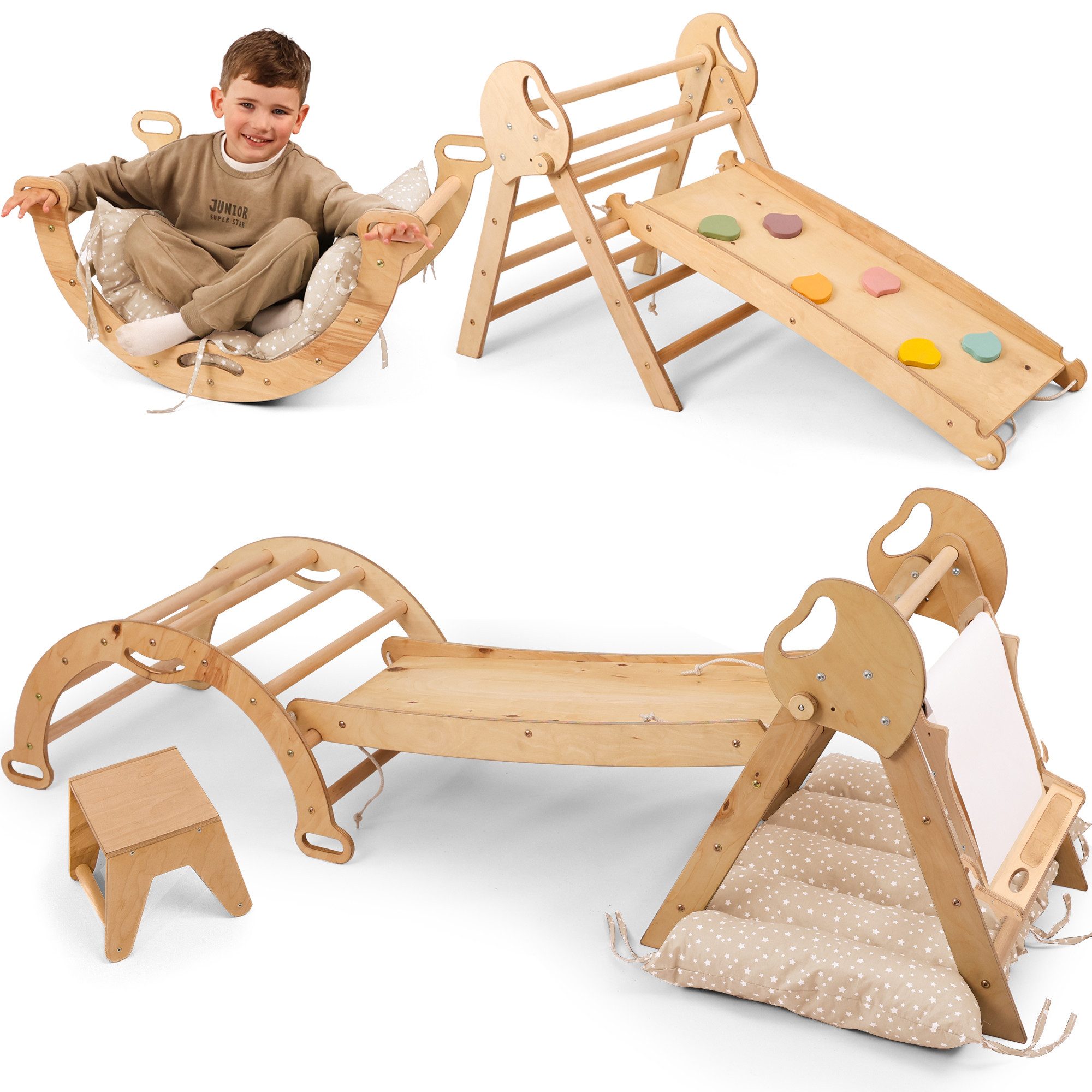 Goodevas Klettergerüst 5-in-1 Montessori Holz-Kletter-Set 5in1 für Kleinkinder 1-3 Jahre alt, (6-St., Montessori Holz-Kletter-Set 5in1 & Kunst-Set)