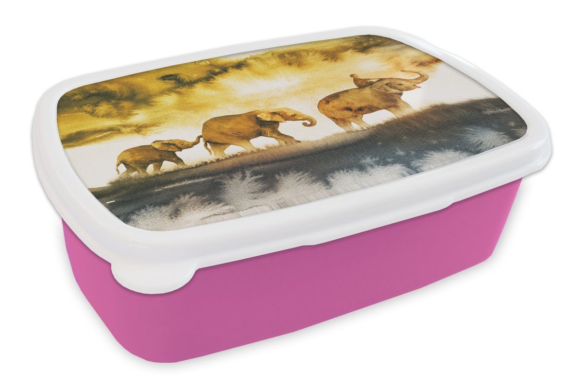 MuchoWow Lunchbox Elefanten - Aquarell - Gelb, Kunststoff, (2-tlg), Brotbox für Erwachsene, Brotdose Kinder, Snackbox, Mädchen, Kunststoff rosa