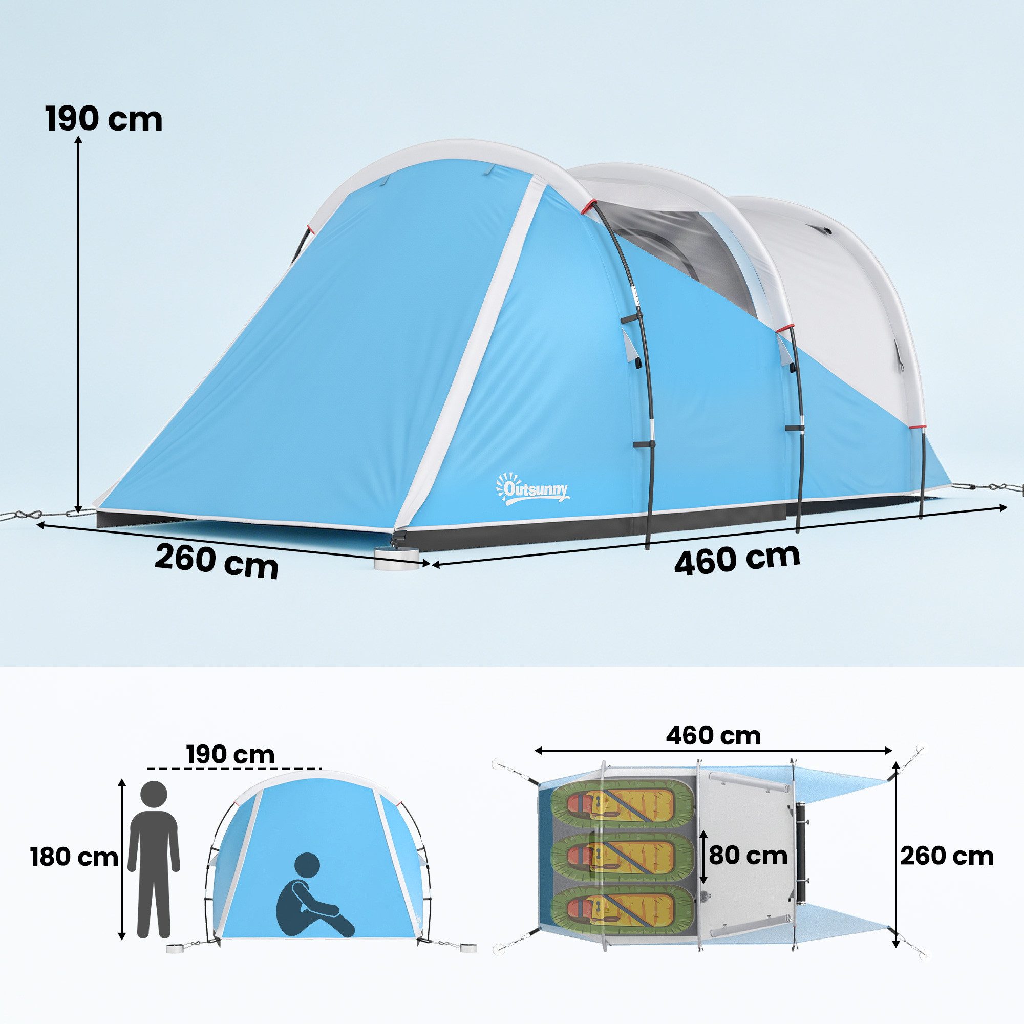 Outsunny Tunnelzelt Campingzelt, Familienzelt mit 2 Räume, Tragetasche, wasserabweisend, Personen: 3 (Campingzelt, 1 tlg., Familienzelt), für Garten, Campingplatz, Blau