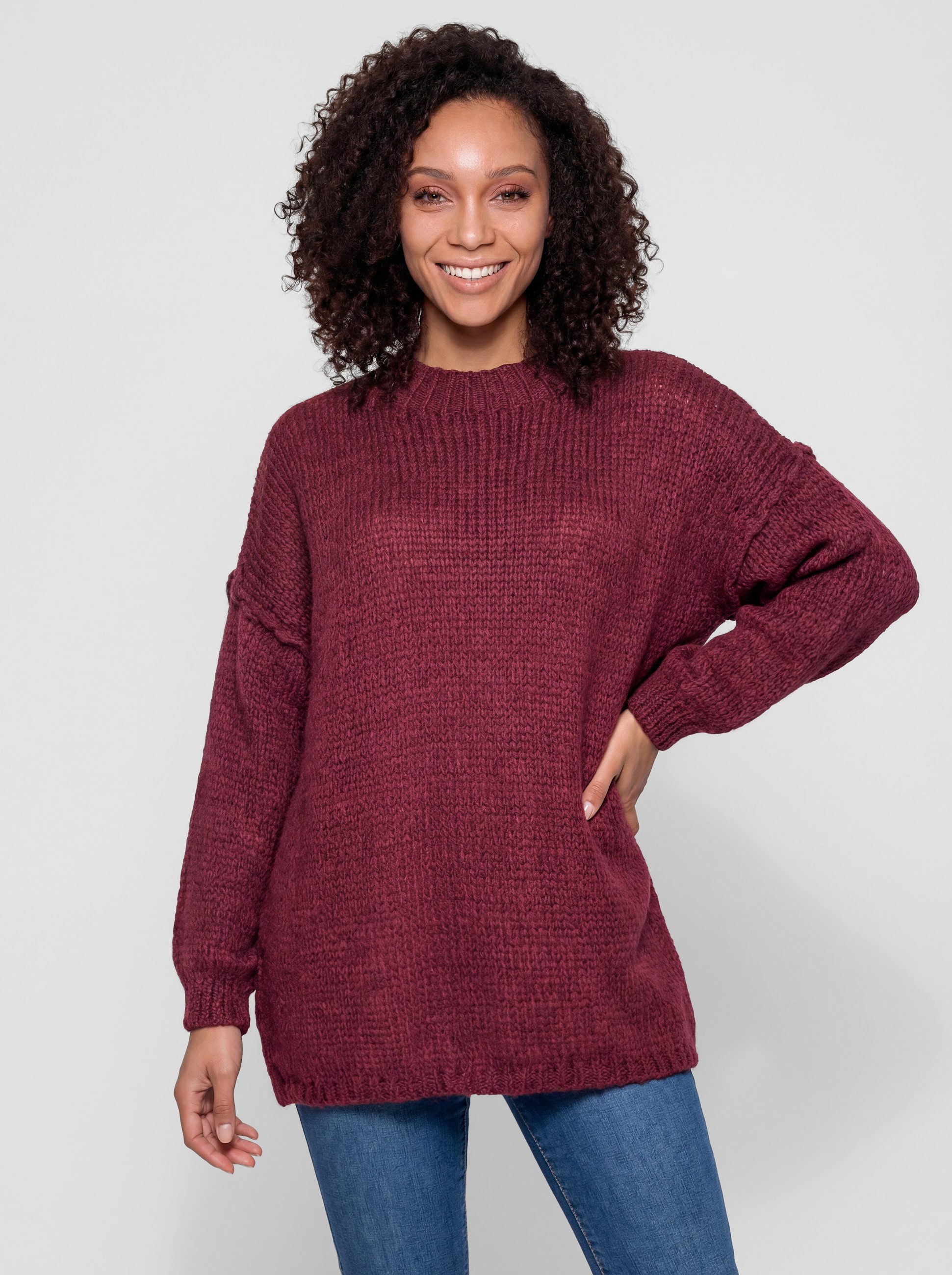PEKIVESSA Strickpullover Oversize Grobstrickpullover mit Rundhalsausschnitt sichtbahre Naht am Ärmel