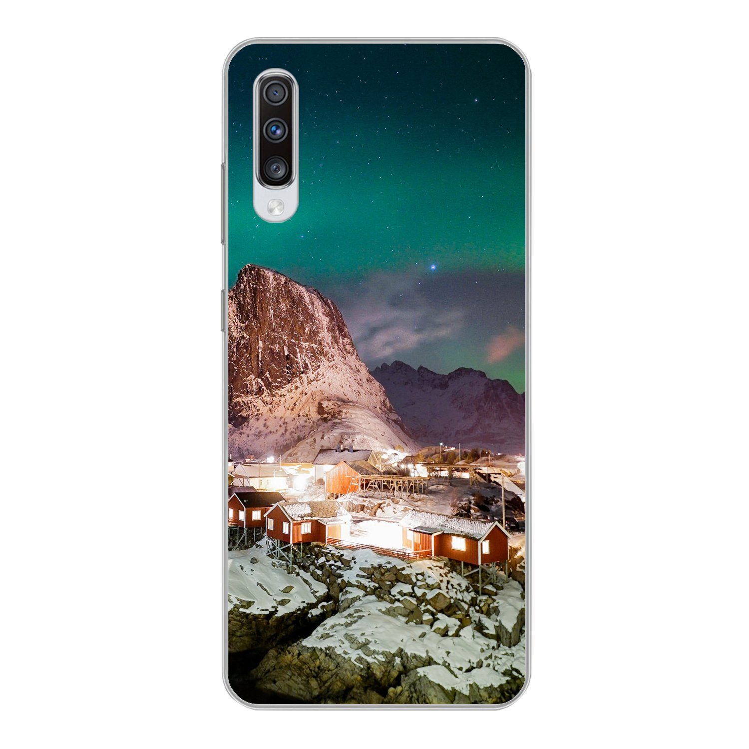 MuchoWow Handyhülle für Samsung Galaxy A70 Nordlichter - Berg - Haus - Insel, Phone Case, Silikon, Schutzhülle Dünn
