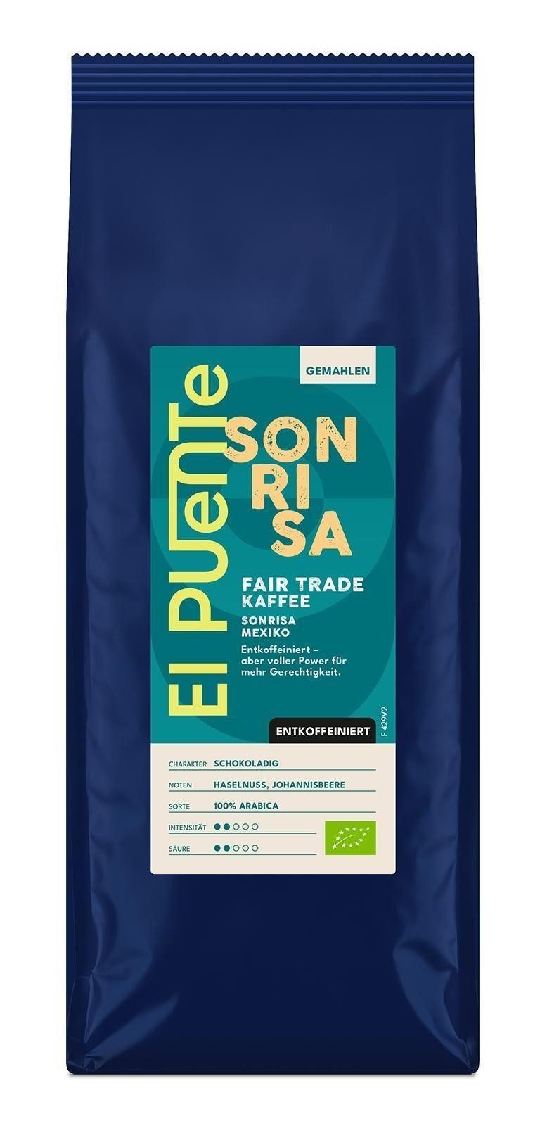El Puente Kaffee Sonrisa - Bio-Kaffee gemahlen 500 g entkoffeiniert, Fair Trade, Bio, Fair Trade