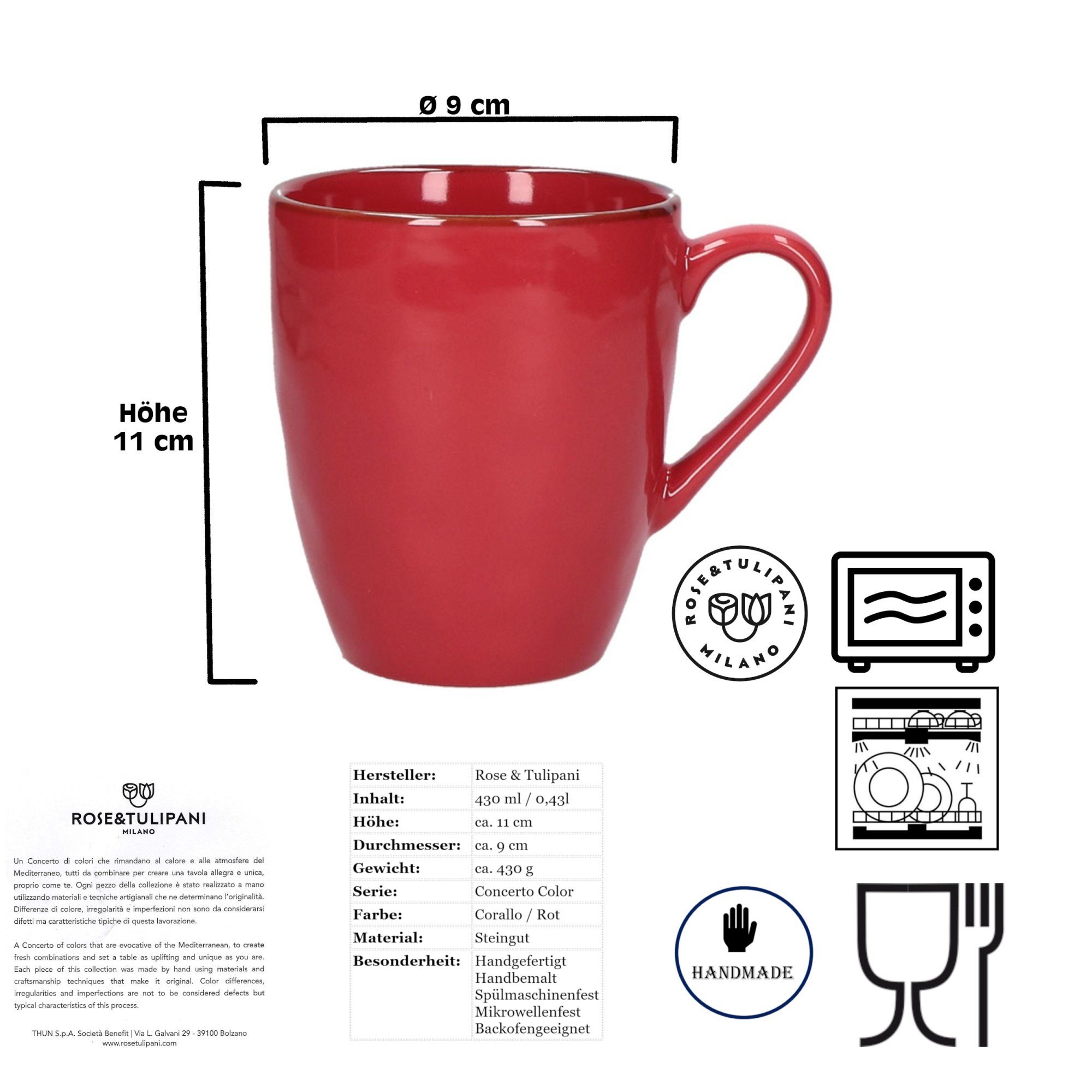 Handgefertigt Steingut, Tasse Rot, Becher Kaffeetasse Große Henkel Tasse Tulpani mit & Steingut 430ml Rose