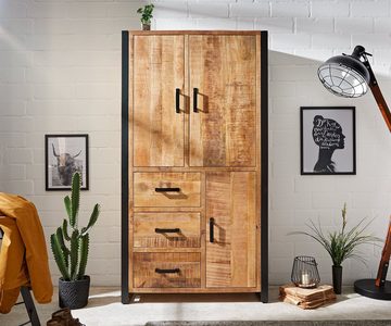 DELIFE Highboard Crompton, Mango Natur Metall Schwarz 100x185cm 3 Türen 3 Schubladen