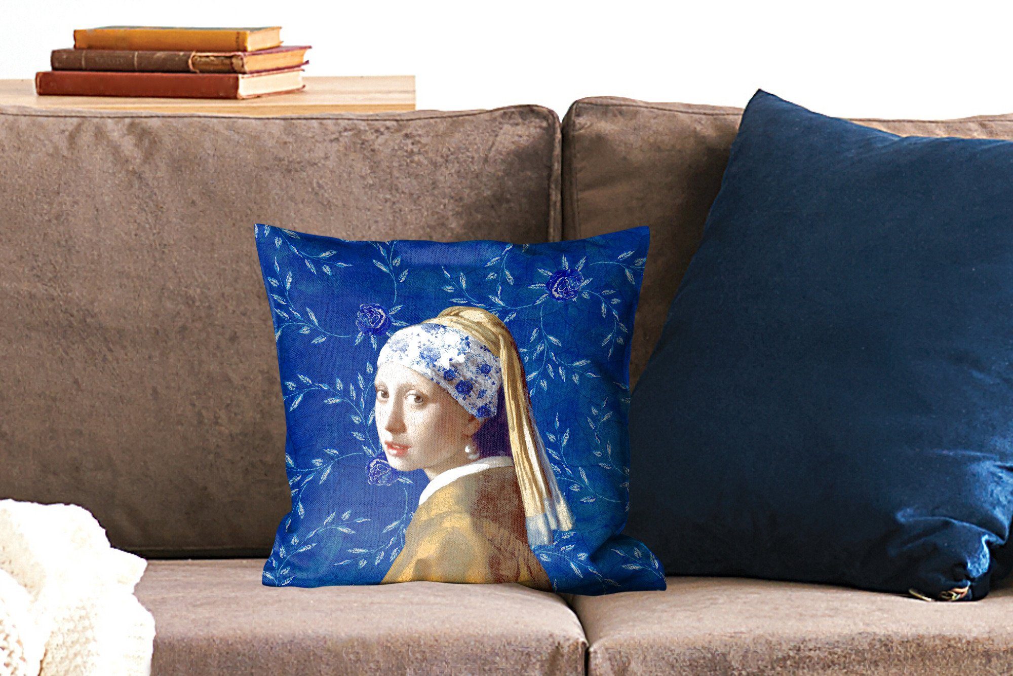 MuchoWow Delfter mit Füllung Schlafzimmer, Dekokissen - Mädchen Vermeer Gemälde, Wohzimmer, mit Blumen Blau - - Perlenohrring für Sofakissen Deko, Zierkissen -