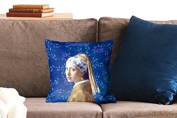 MuchoWow Dekokissen Mädchen mit Perlenohrring - Delfter Blau - Vermeer - Blumen - Gemälde, Zierkissen mit Füllung für Wohzimmer, Schlafzimmer, Deko, Sofakissen