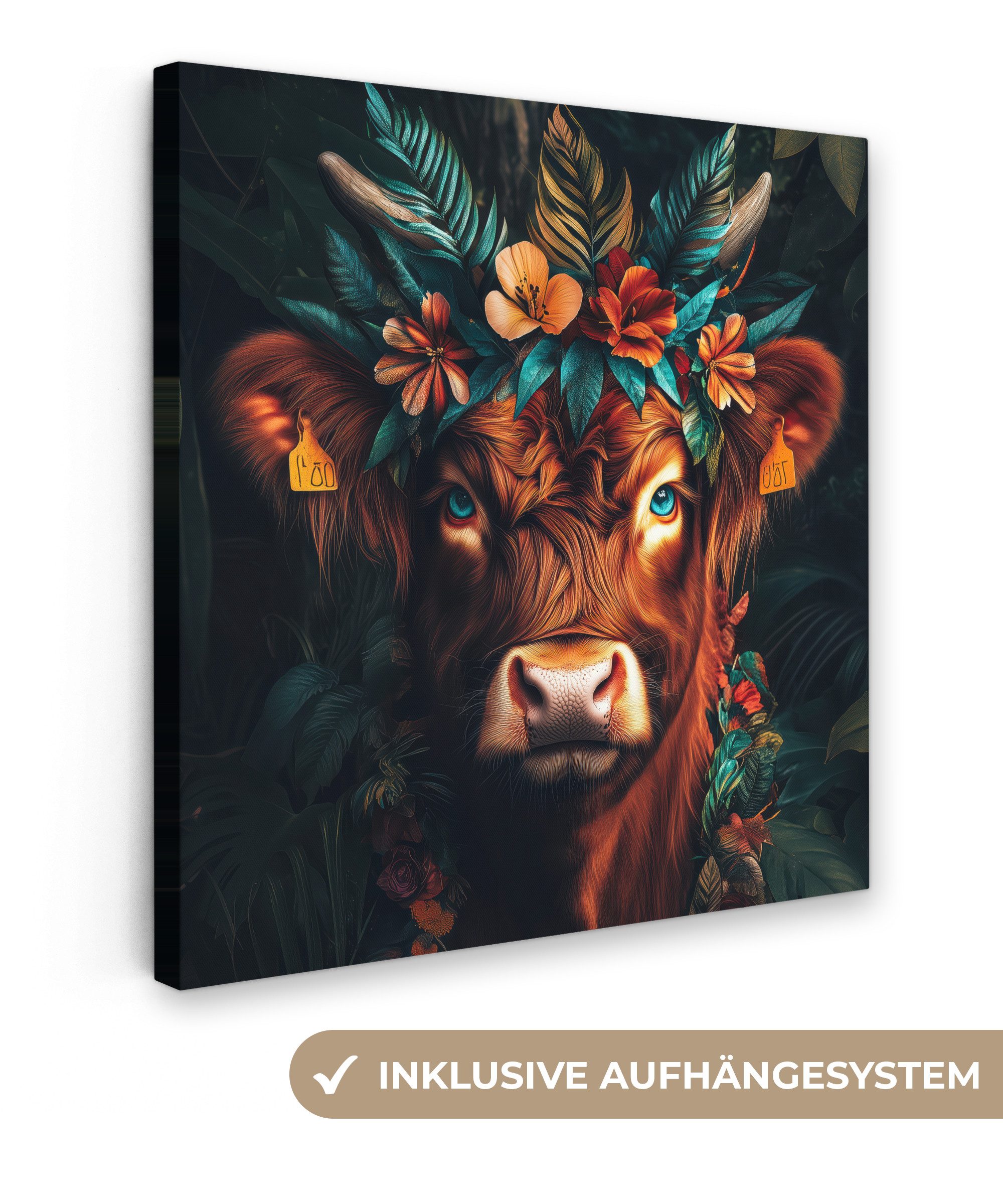 OneMillionCanvasses® Leinwandbild Schottischer Highlander - Blumen - Blätte günstig online kaufen