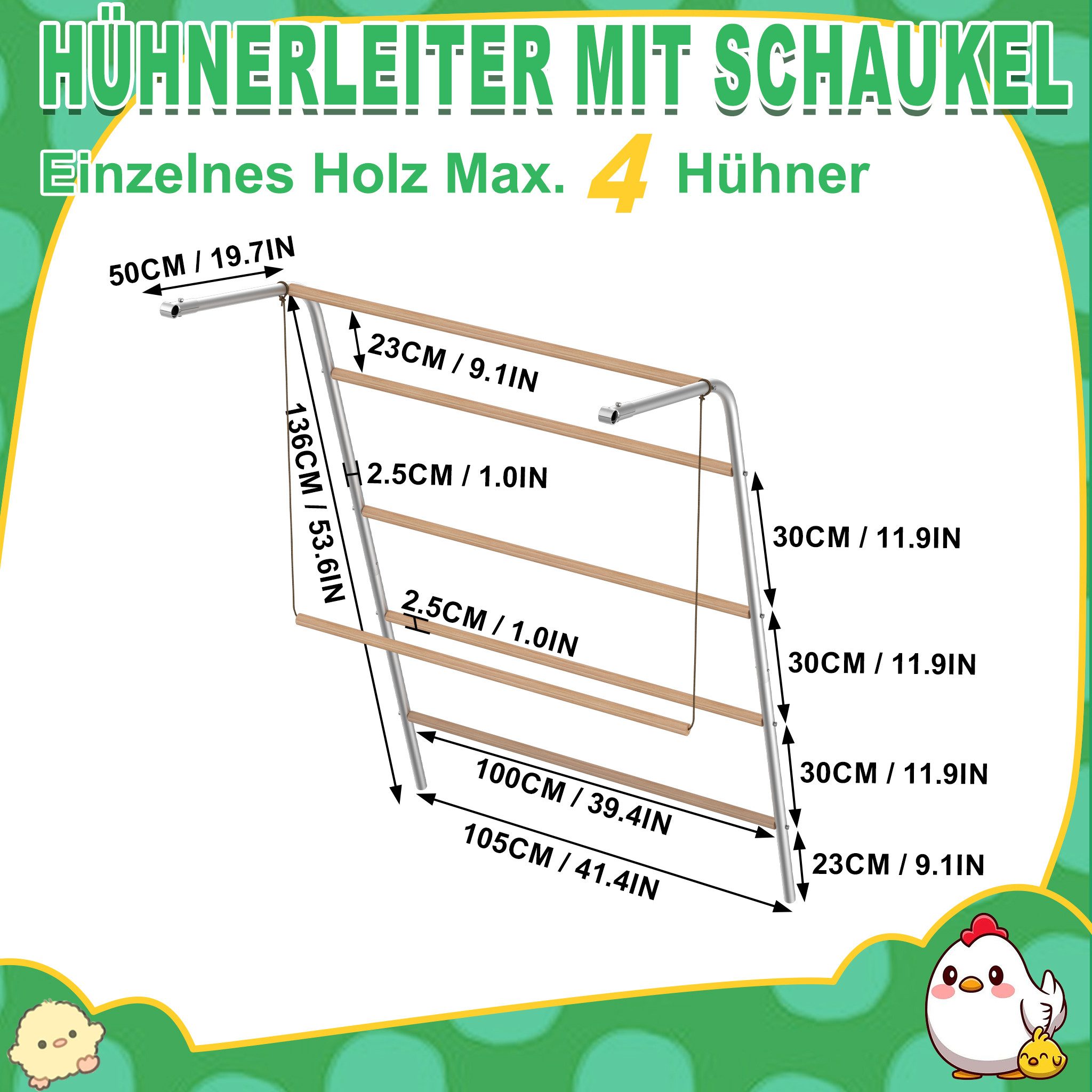 FIVMEN Hühnerstall Hühnerleiter 4 Ebenen Große Sitzstange für Hühner, 136x105cm