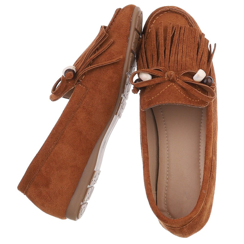 Ital-Design Eleganter Mokassin für Damen mit fransigem Design Slipper (91554655) Flach Mokassins in Camel