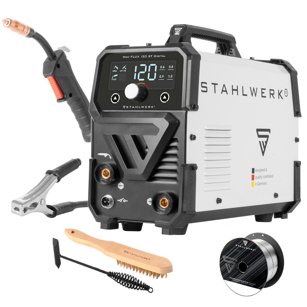 STAHLWERK Fülldrahtschweißgerät Schweißgerät Mini FLUX 120 ST Digital mit 120 A, synergischem, 20 - 120 A, Packung, 1-tlg., Einzelgerät, mit synergischem Drahtvorschub