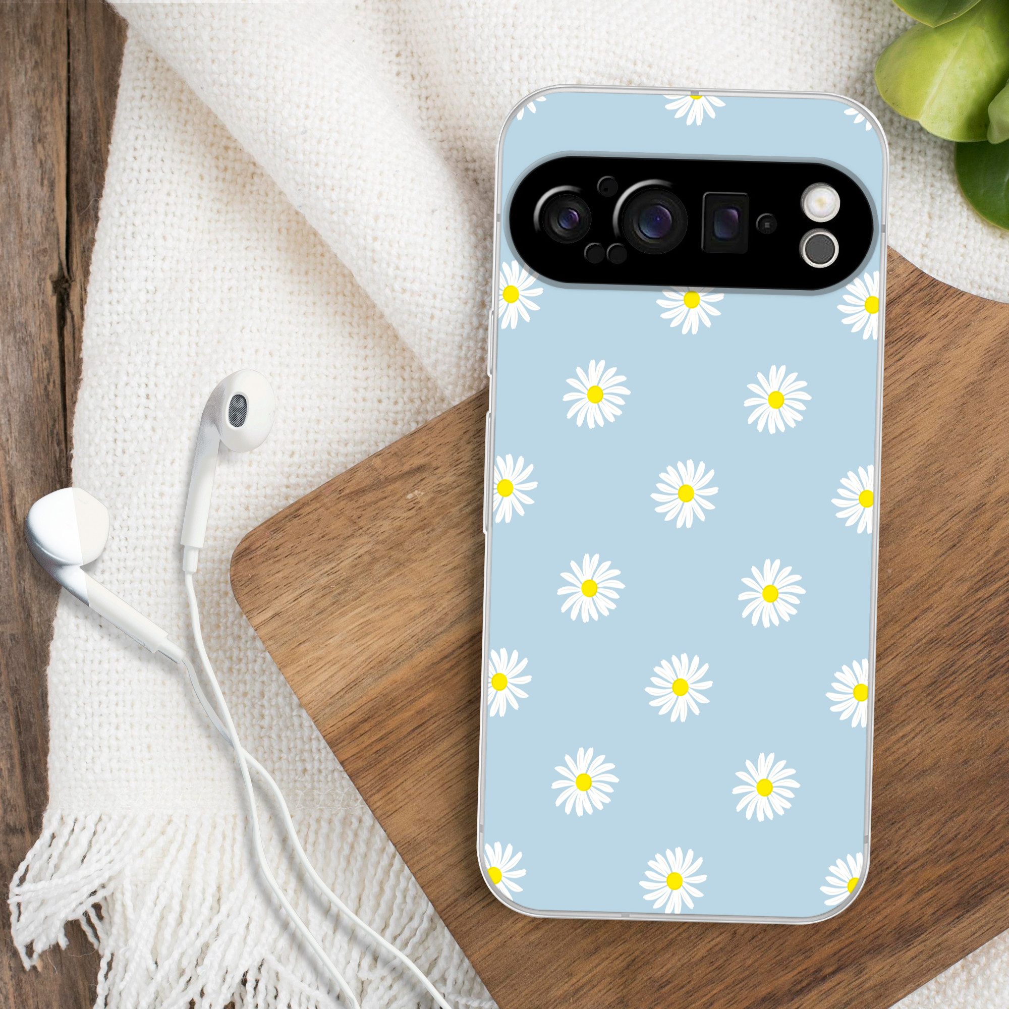 MuchoWow Handyhülle für Google Pixel 9 Pro Gänseblümchen - Pastell - Weiß - Blau - Blumen, Phone Case, Silikon, Schutzhülle Dünn