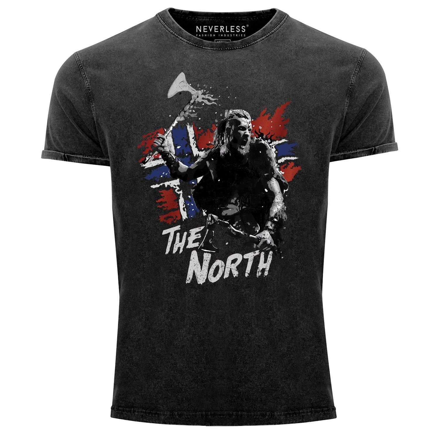Print Norwegen Herren Aufdruck Odin Wikinger Printshirt mit Vintage Shirt Neverless Neverless® The Valhalla Ragnar North T-Shirt Print-Shirt Berserker