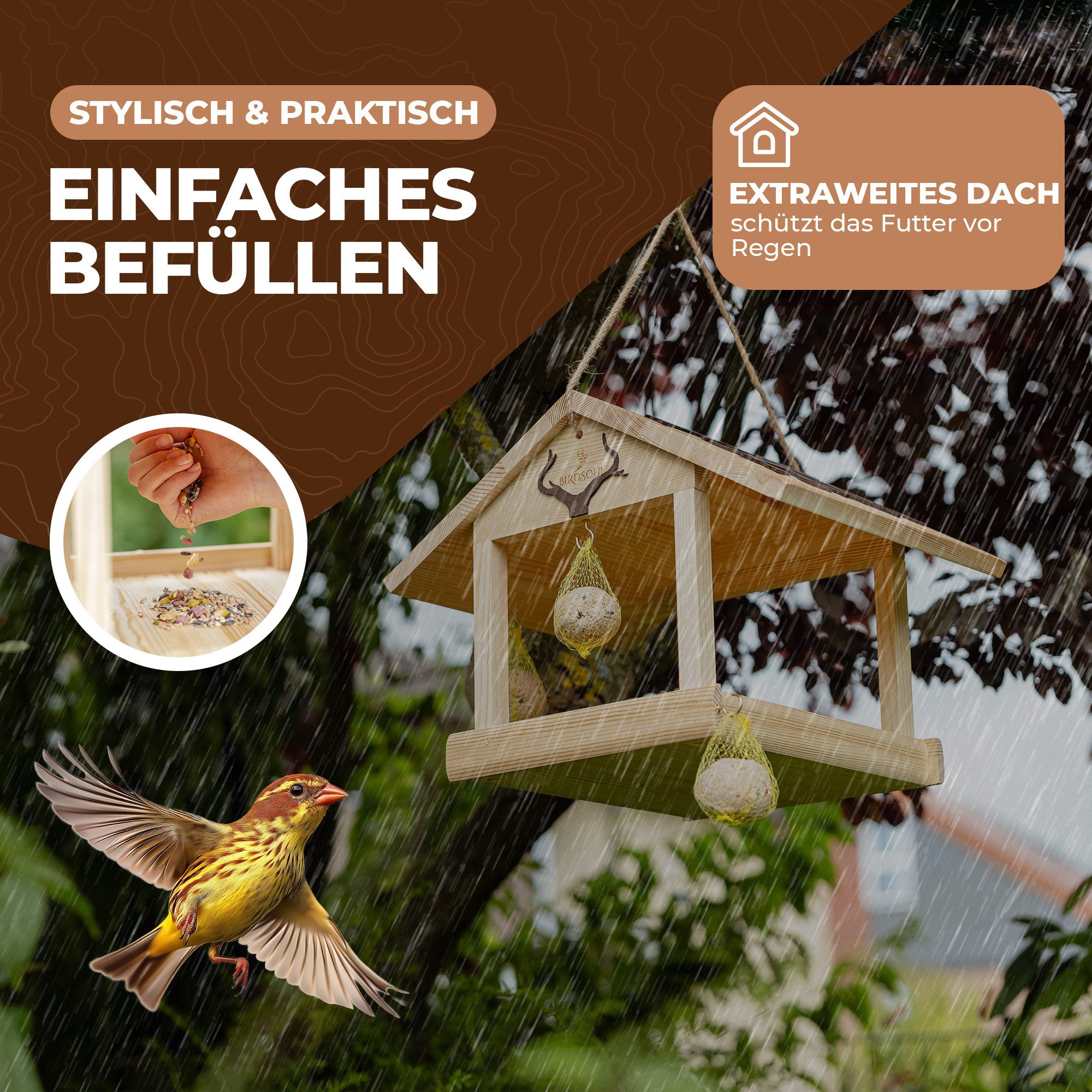 BIRDSOUL Vogelhaus Forest, Wasserableitendes Design und mit hochwertiger, handwerklicher Optik.