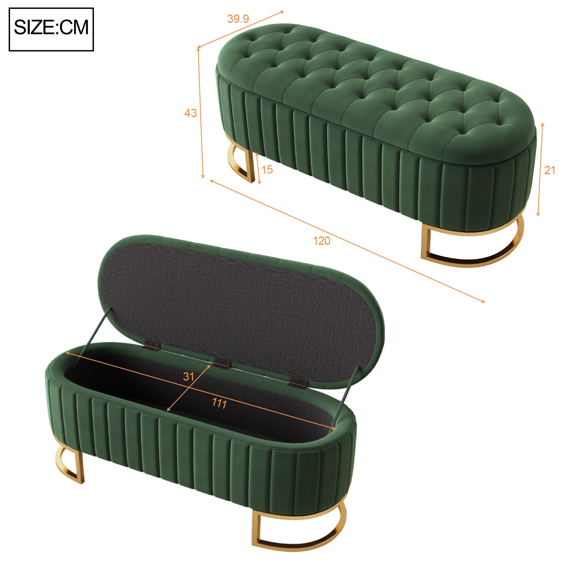 Flieks Polsterbank, Stauraum Polsterhocker Fußbank Sofabank 120x40x43cm Samtstoff