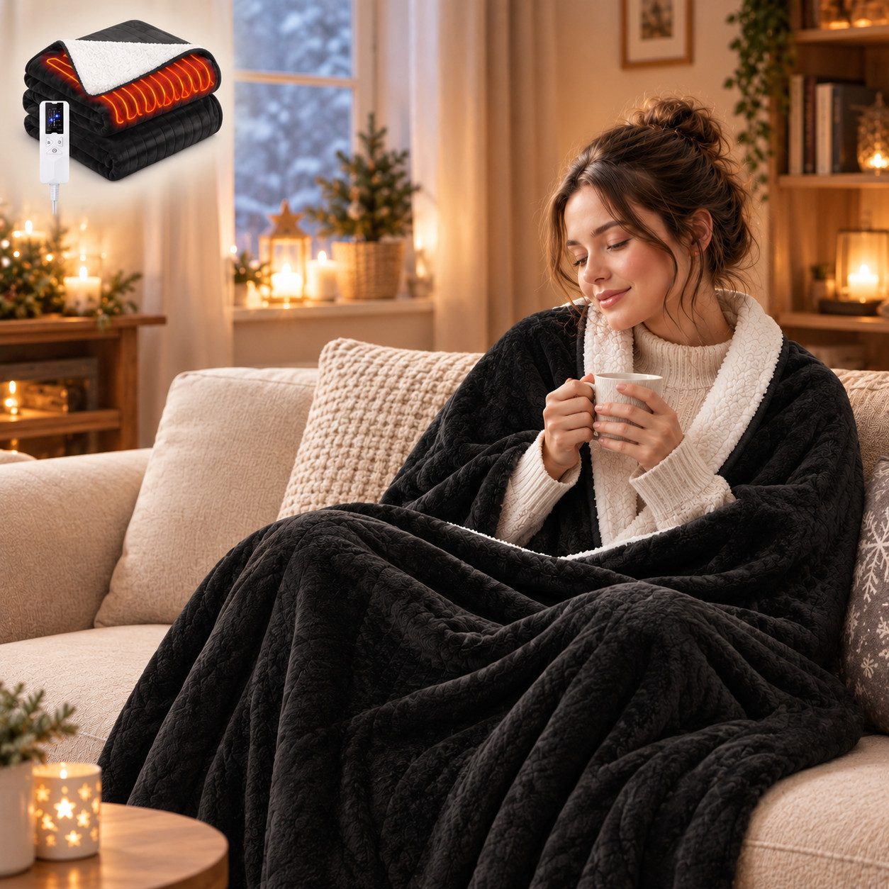 Ledklang Heizdecke Elektrische 180x130cm,Schwarz/Grau,Überhitzungsschutz,Waschbare, 6 Heizstufen, Timer & waschbar bei 30 °C, für Sofa Bett Couch Weiche Flanell-Heizdecke Wohnzimmer Schlafzimmer