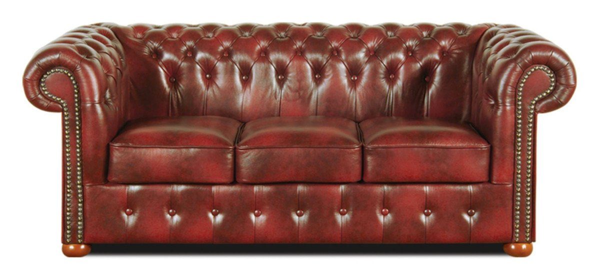 Casa Padrino Chesterfield-Sofa Chesterfield 200 x Luxus Sofa - x Weinrot Echtleder 90 3er Kollektion H. cm 78