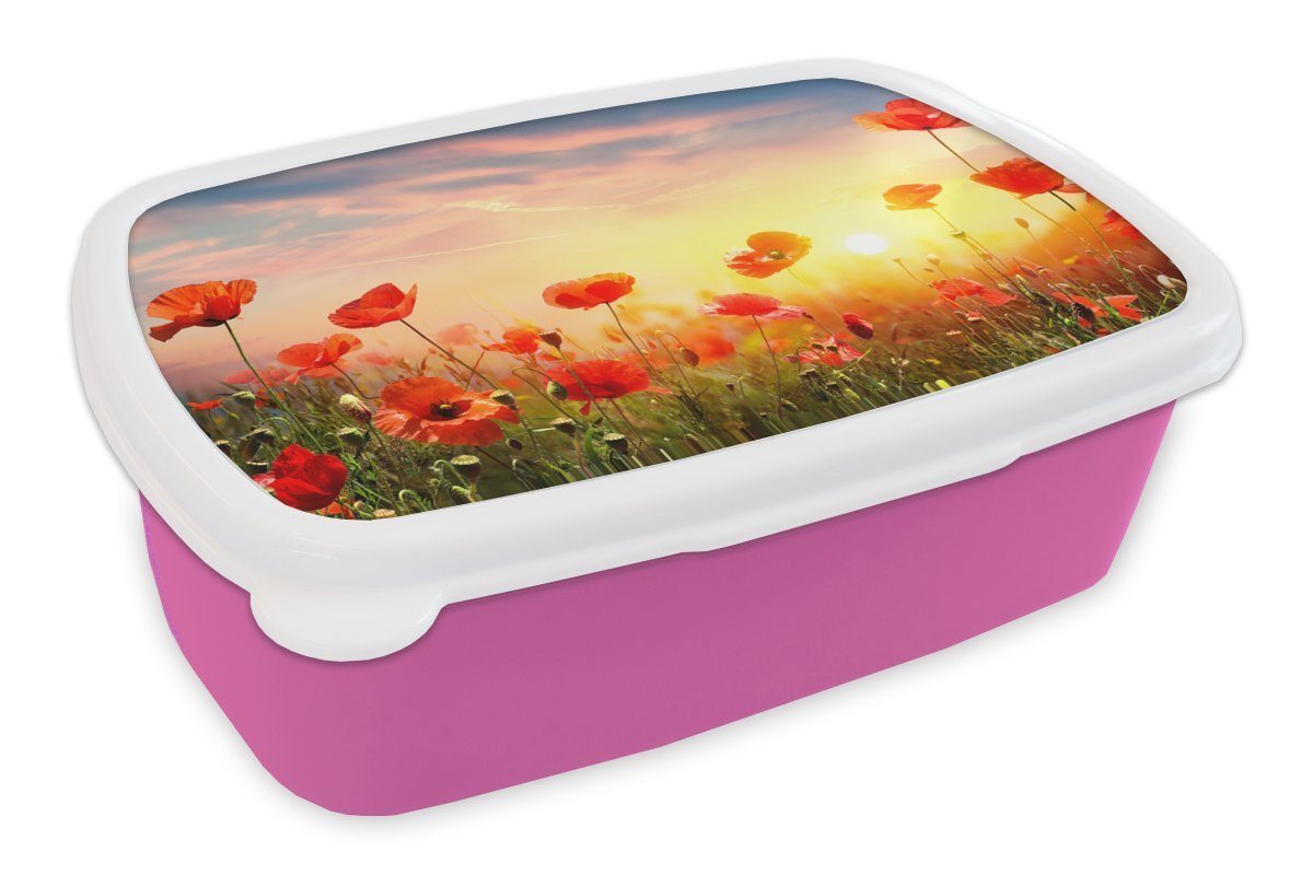 Erwachsene, Kunststoff Lunchbox Snackbox, MuchoWow für rosa Kunststoff, Farben, Brotdose Kinder, - Mädchen, - Brotbox Frühling Mohnblumen (2-tlg),