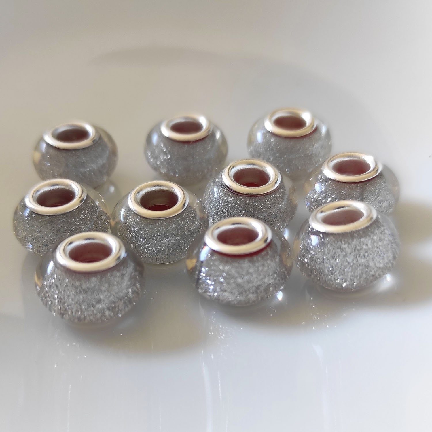 Kopper-24 Bastelperlen Großloch Spacer Charm Perlen Rondelle Glitzer, 14 mm, 10 Stück, Silber