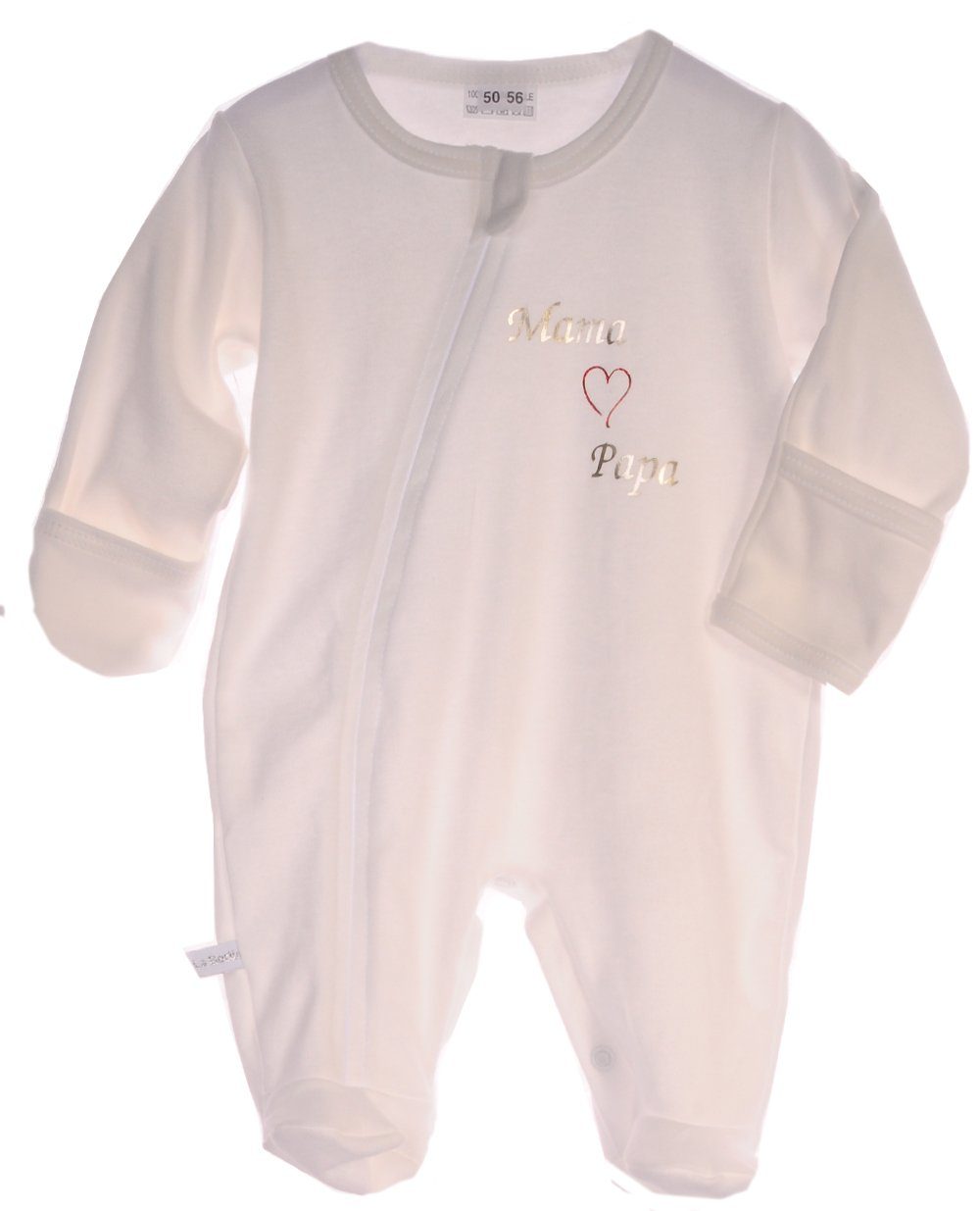 La Bortini Schlafoverall Strampler Overall Baby Schlafanzug in Creme mit Papa Mama aus reiner Baumwolle, 44 50 56 62 68 74 80 – Bild 5 von 5