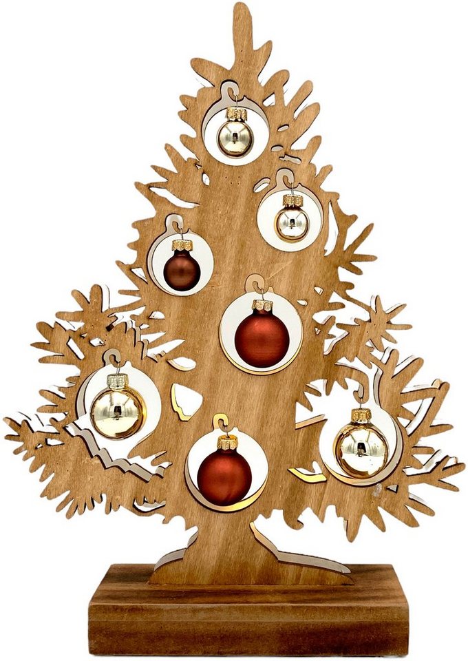 LED Baum Weihnachtsdeko, Timerfunktion, LED fest integriert, Warmweiß,  Dekotanne aus Holz, mit Weihnachtskugeln verziert, H. ca. 34 cm