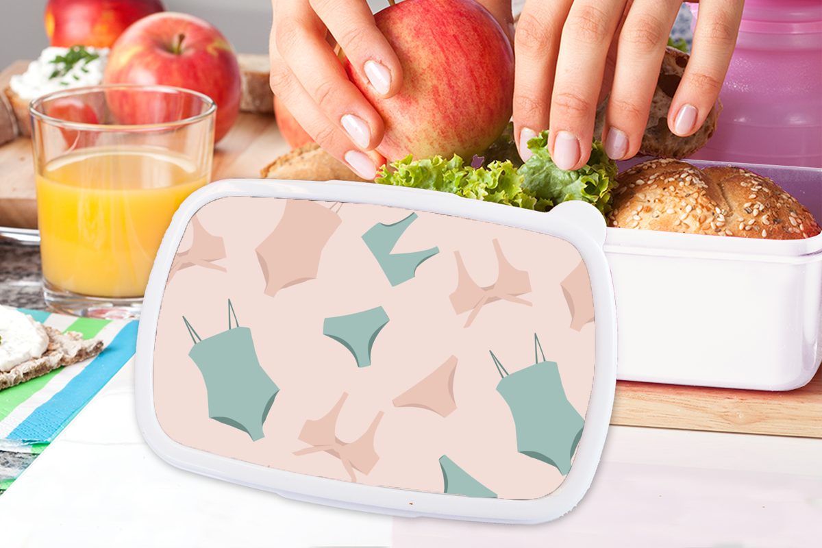 MuchoWow Lunchbox für Kinder Erwachsene, Brotdose, - Bademode Brotbox für Sommer weiß Mädchen Pastell, Kunststoff, (2-tlg), und - und Jungs