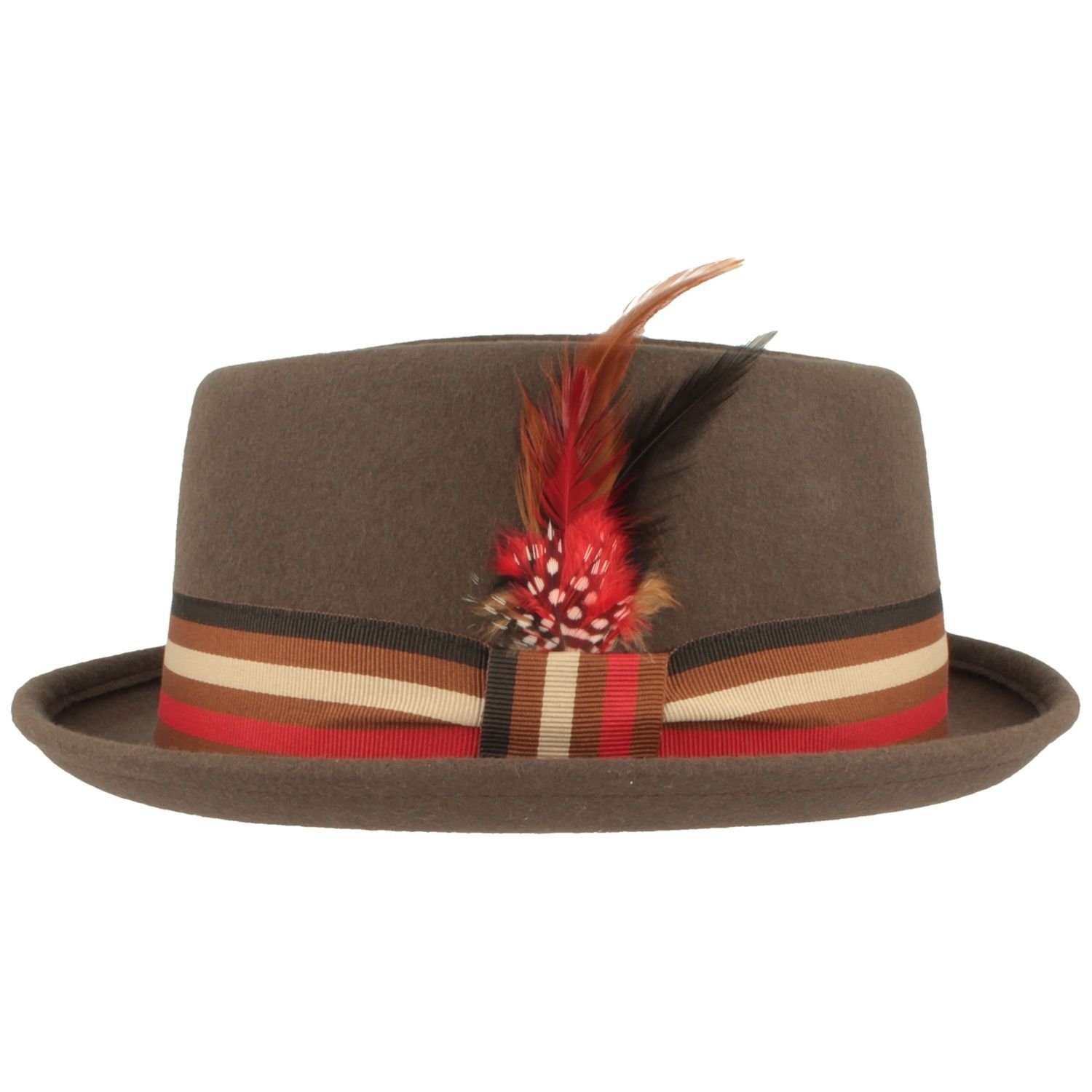 Breiter Filzhut Pork-Pie mit gestreiftem Band & Feder günstig online kaufen