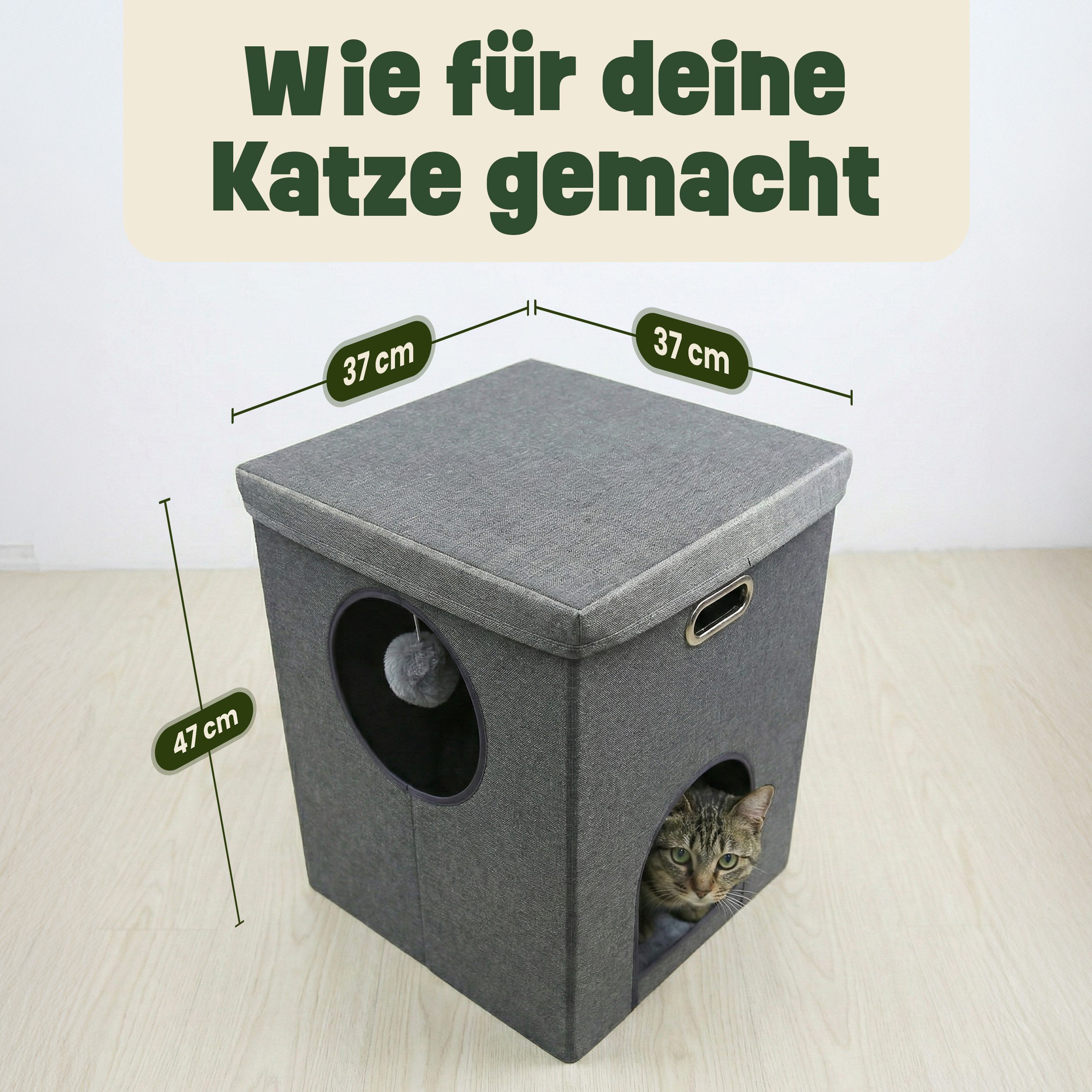 Zooprinz Katzenhaus Katzenhöhle Coco mit Spielball und Wendekissen, faltbar, 37 × 37 × 47 cm, Anti-Rutsch-Boden, Leinenstoff, Grau