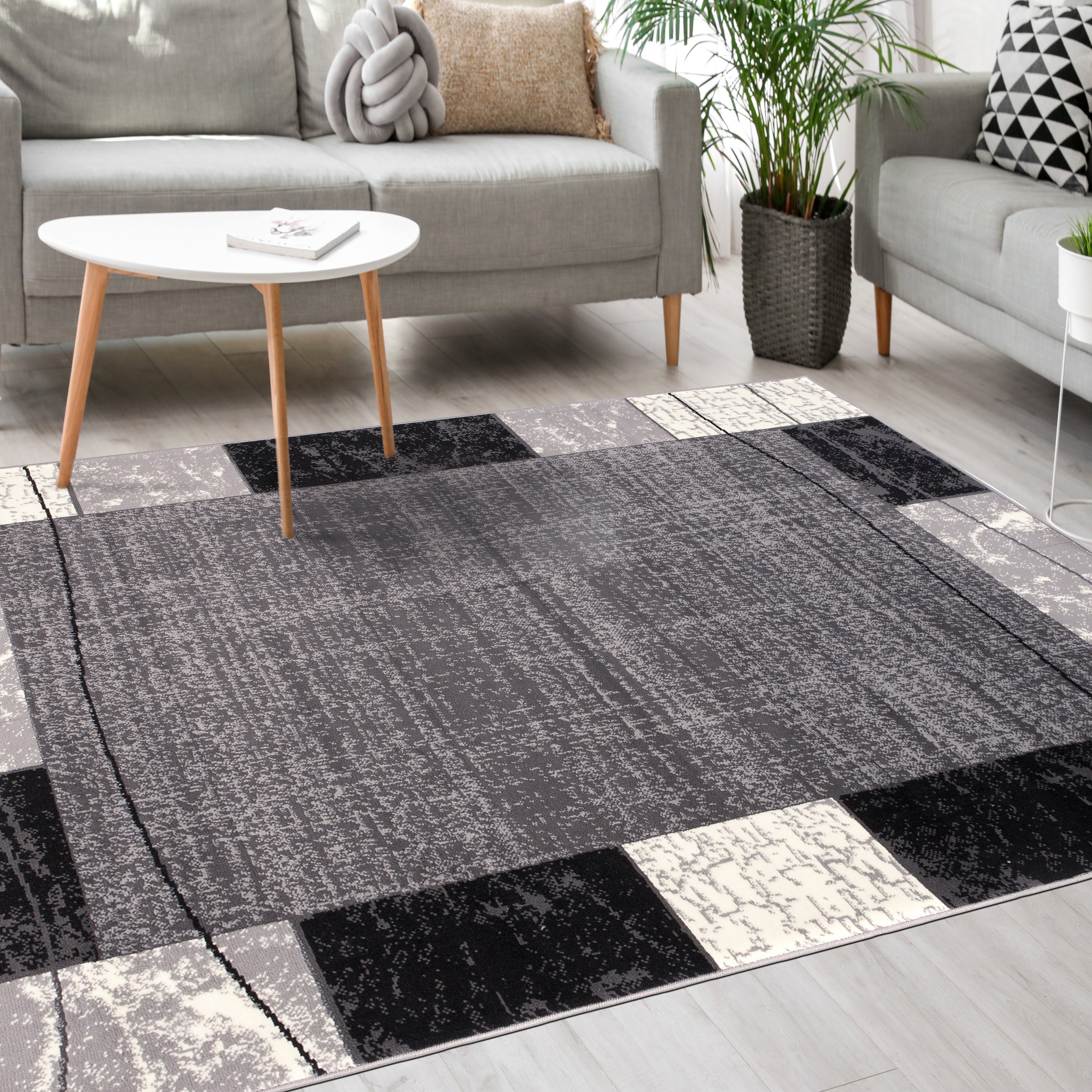 Designteppich Modern Teppich Kurzflor Wohnzimmerteppich Robust und pflegeleicht GRAU, Mazovia, 80 x 150 cm, Fußbodenheizung, Allergiker geeignet, Farbecht, Pflegeleicht, Geometrisch