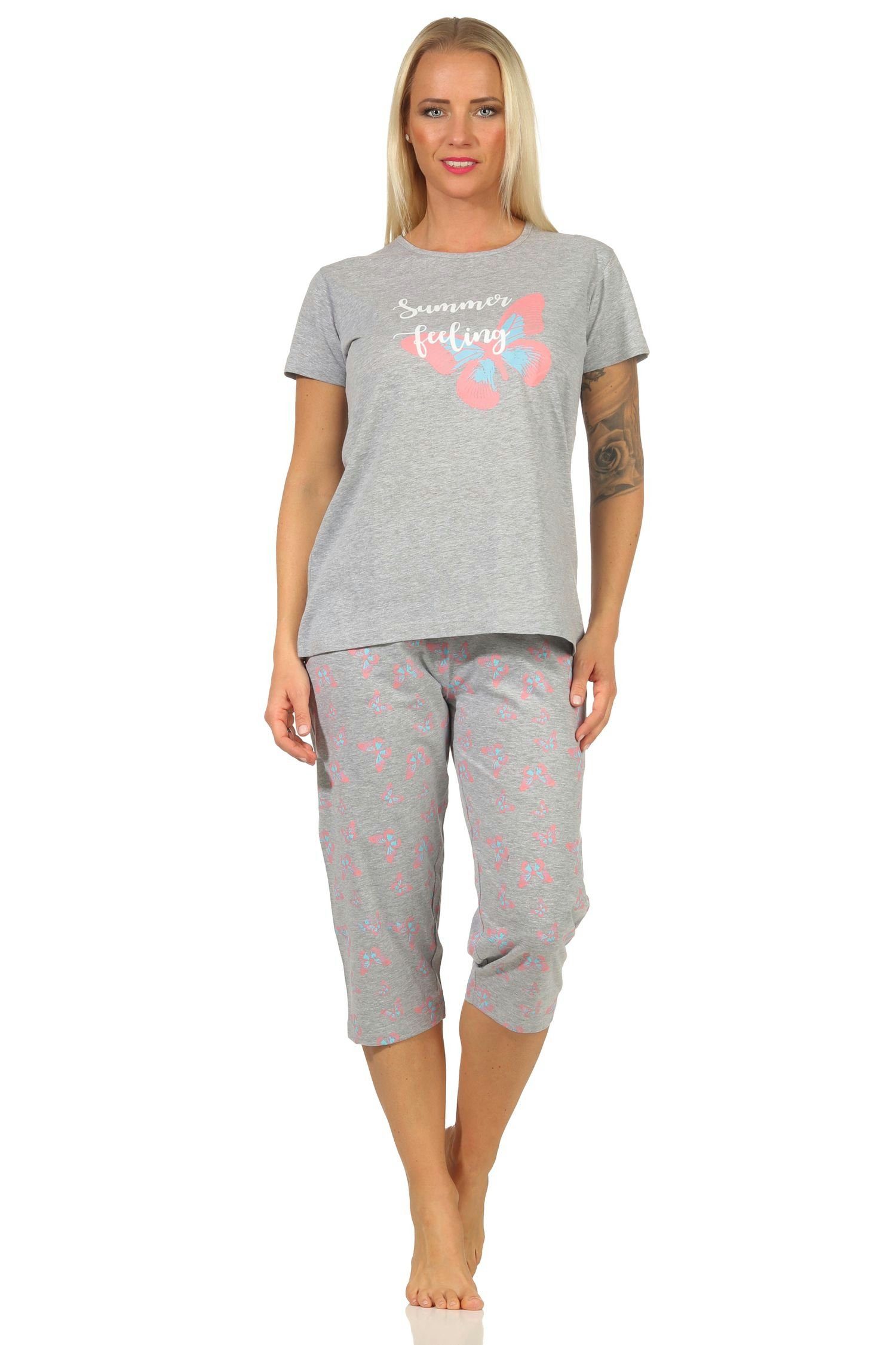 RELAX by Normann Pyjama Sommerlicher Damen kurzarm Capri Schlafanzug mit Schmetterlingsmotiv grau