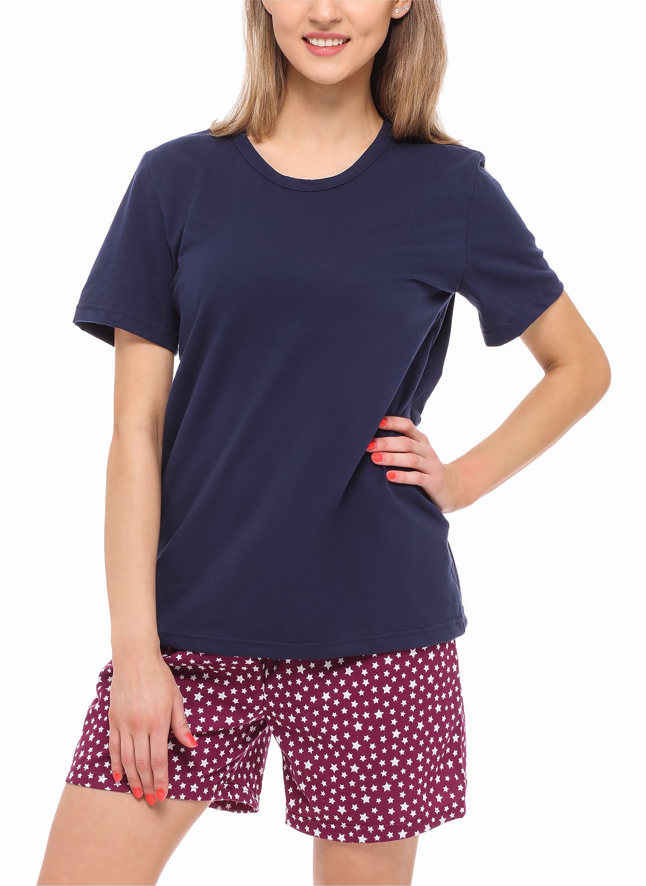 Style Marineblau/Weinrot/Sterne Schlafanzug Damen MS10-177 Kurz Merry Pyjama Baumwolle Set Schlafanzug Zweiteiler Pyjama